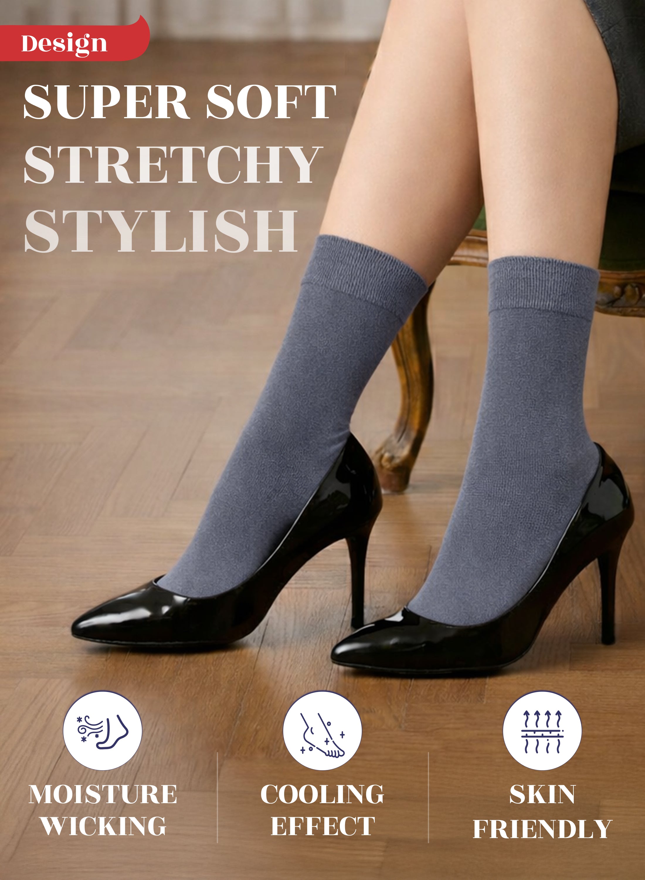 Gray socks worn with black high heels on a wooden floor, featuring text and icons about sock properties.