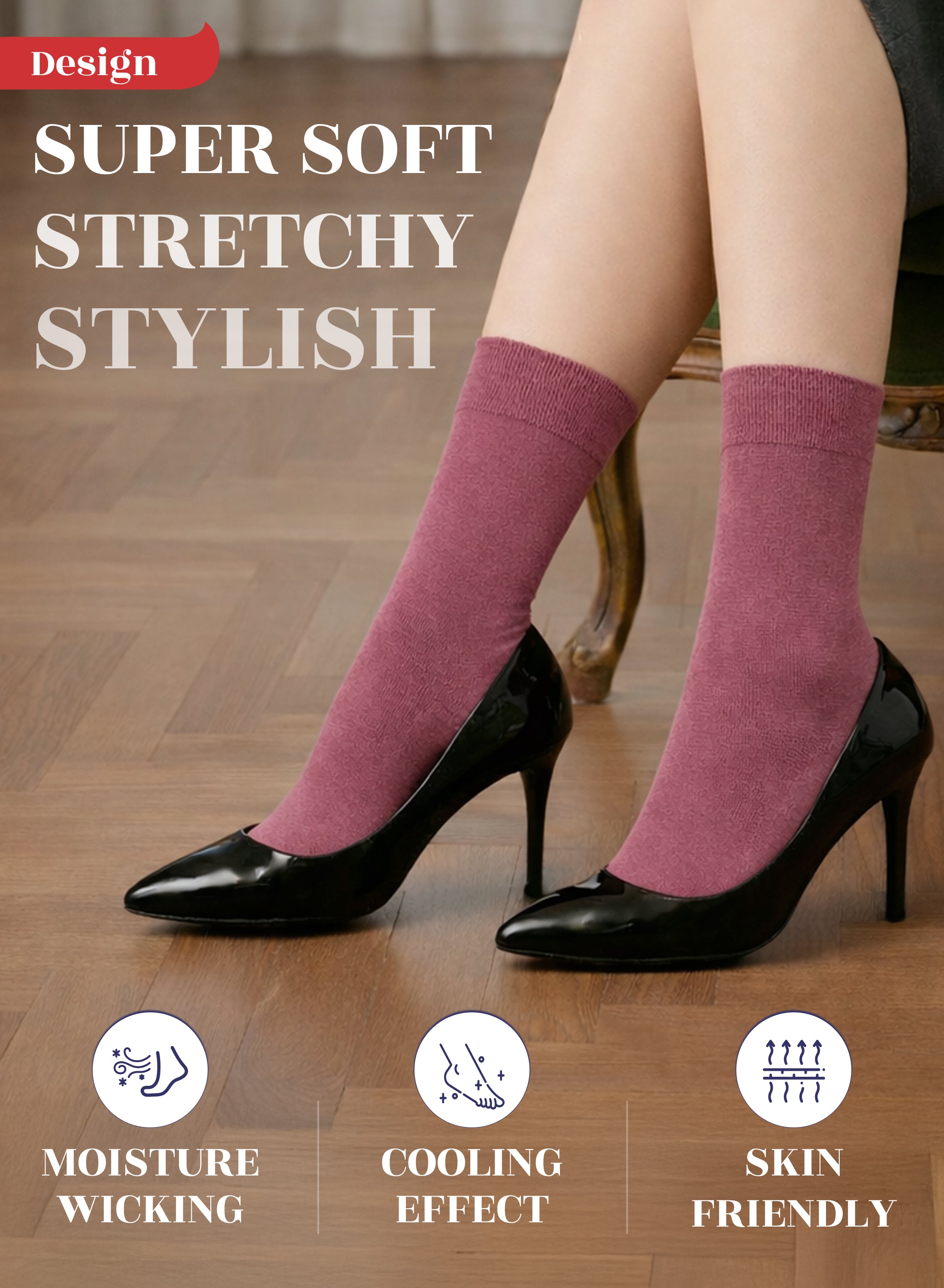 Rose Wood socks worn with black high heels on a wooden floor, with text highlighting features.