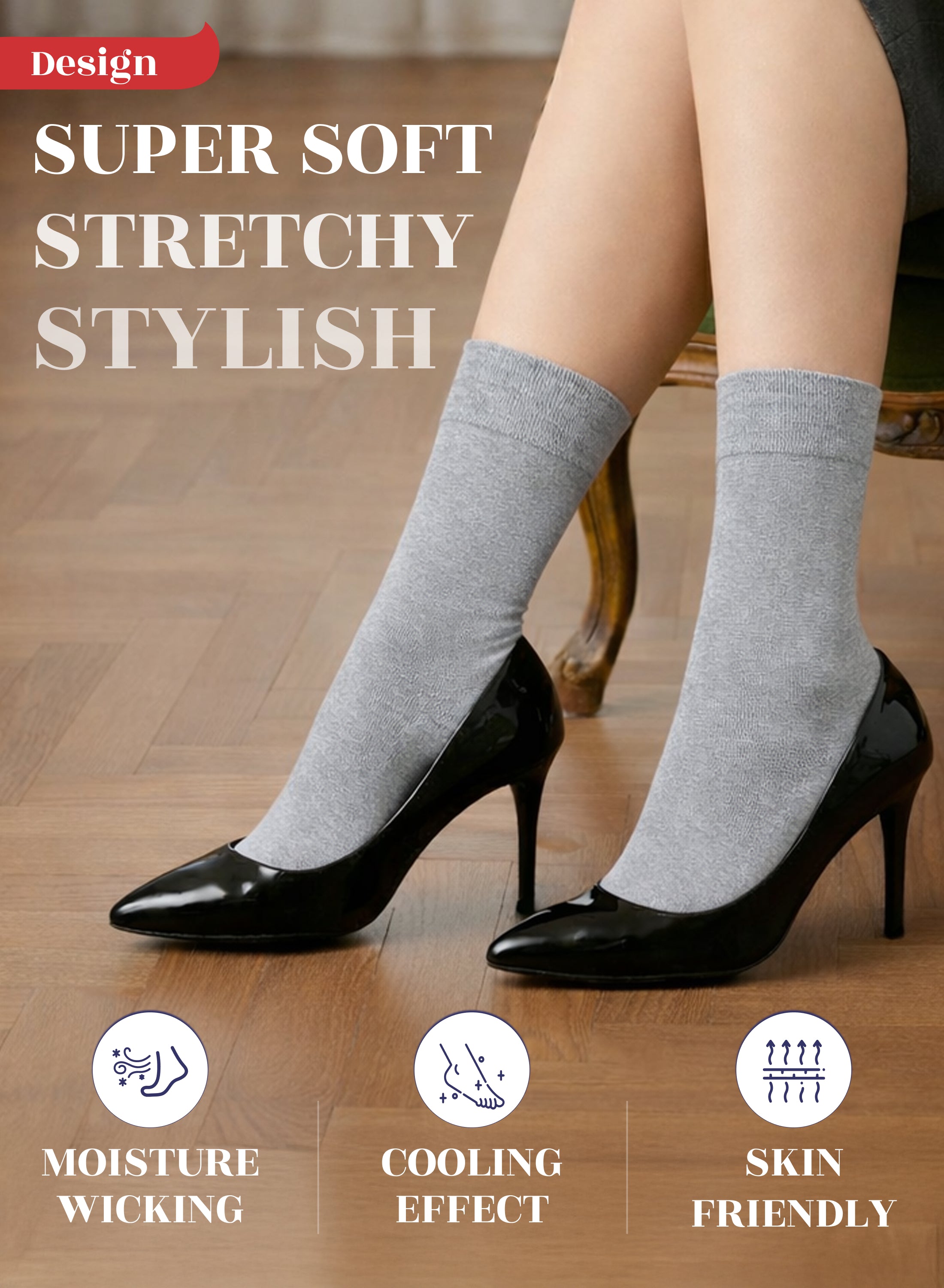 Light Gray socks worn with black high heels on a wooden floor, with text highlighting features.