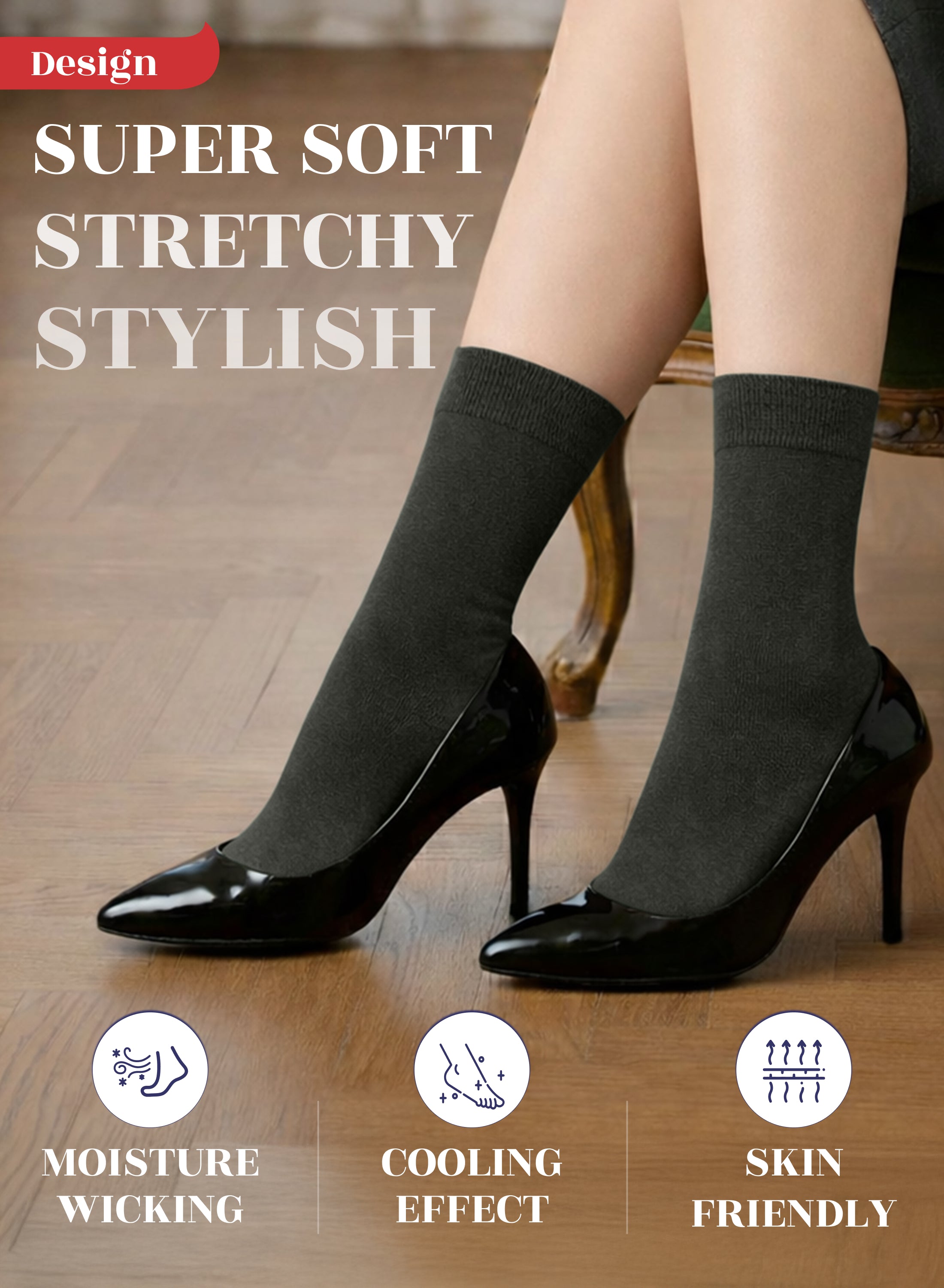 Dark Forest Green high-heeled shoes with gray socks on a wooden floor, featuring text and icons about sock properties.