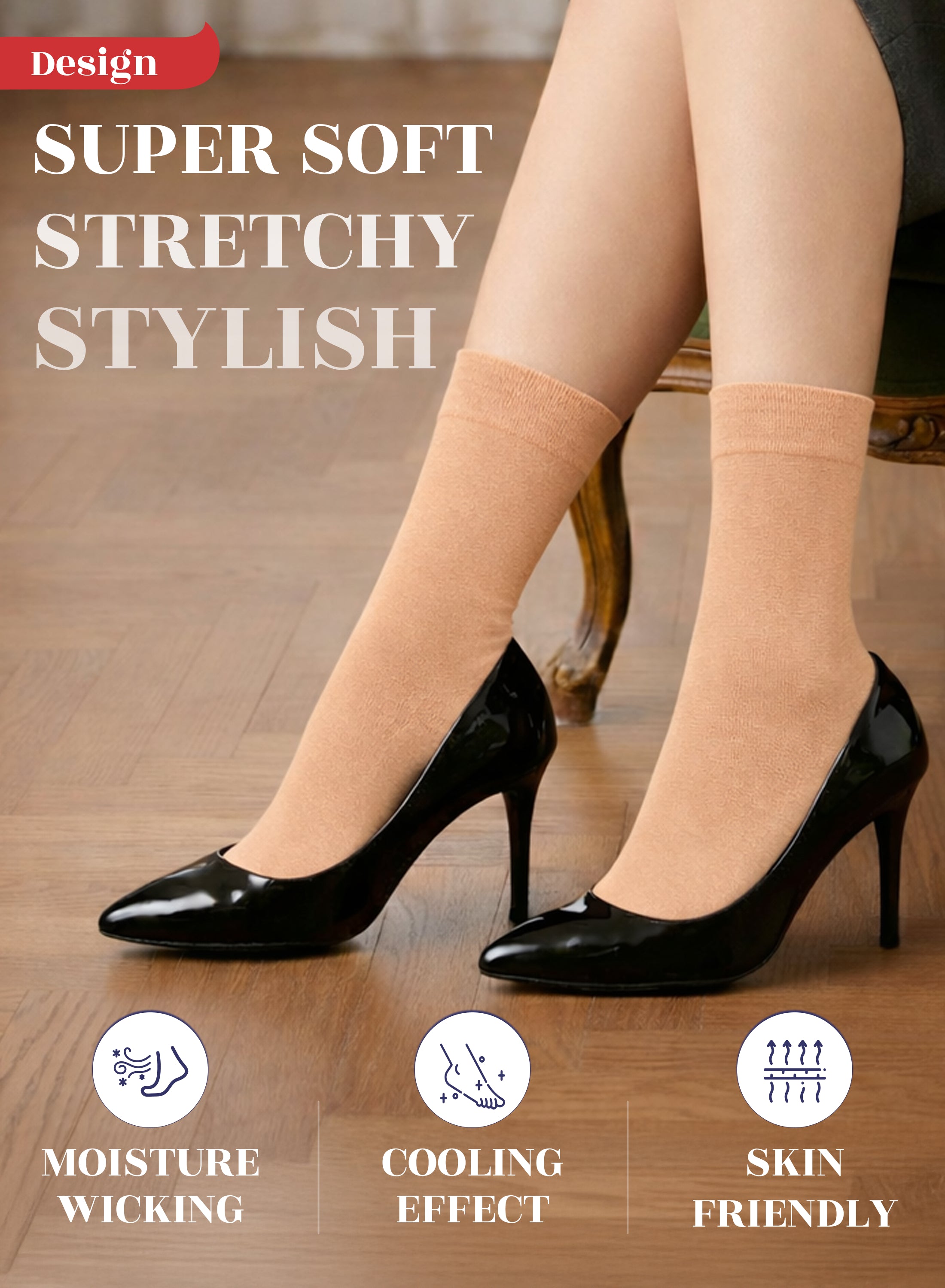 Peach Orange tights worn with black high heels on a wooden floor, featuring text and icons about product features.