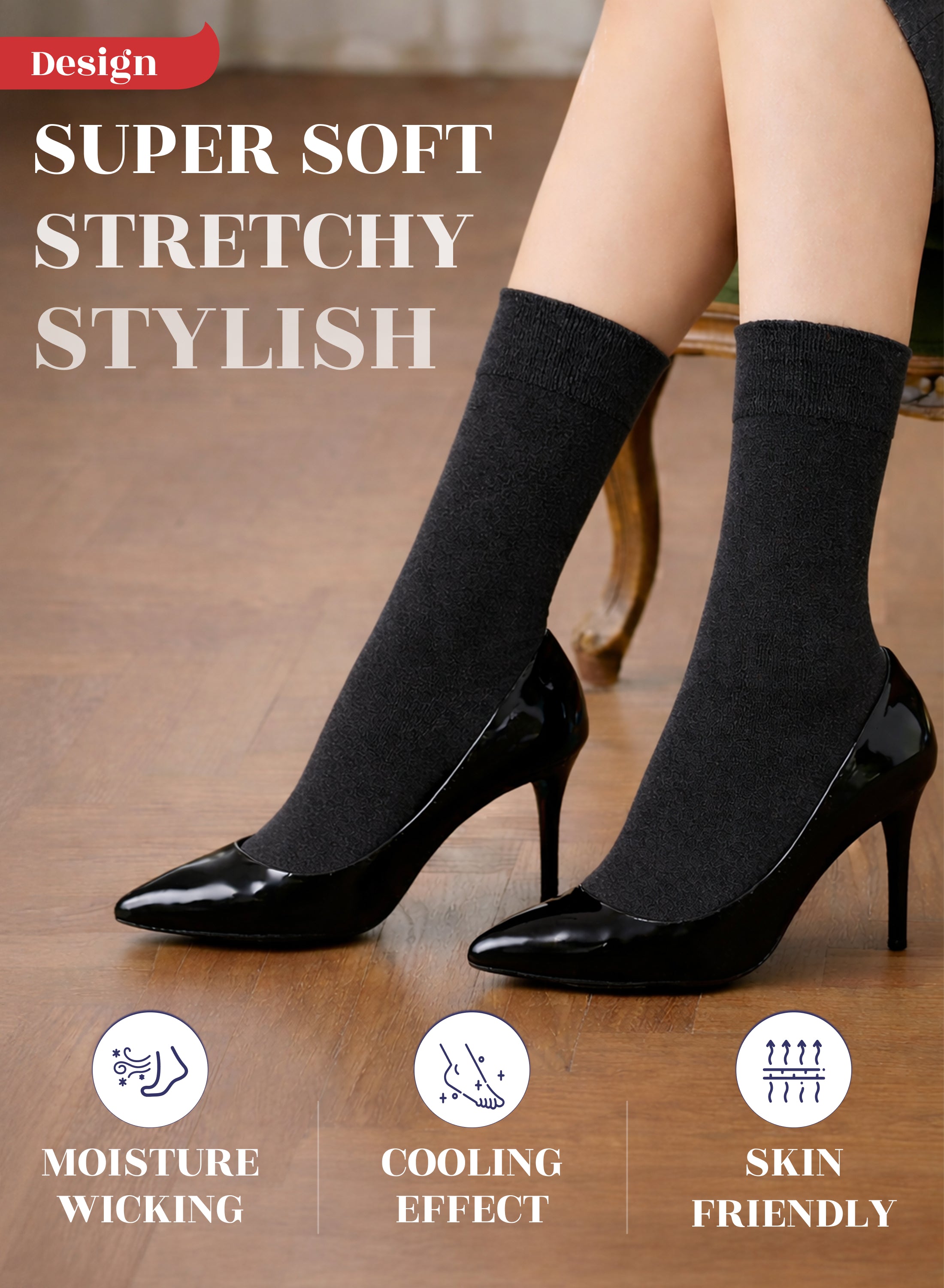 Charcoal high-heeled shoes with gray socks on a wooden floor, featuring text and icons about sock properties.