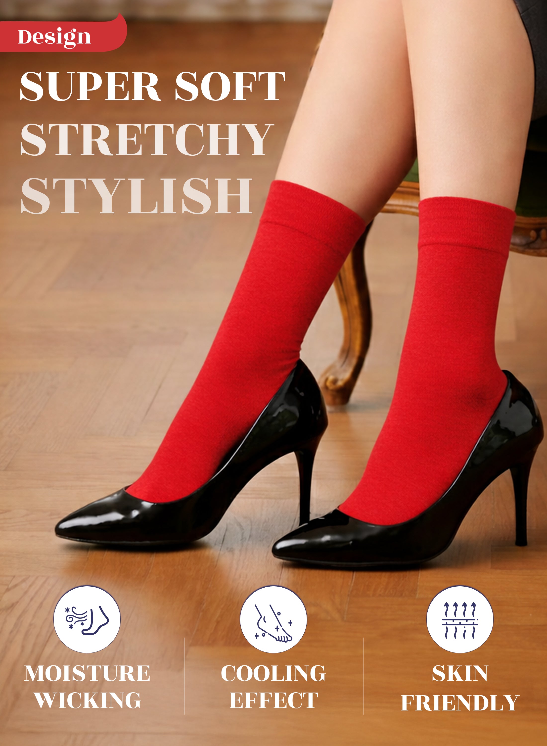 Red socks worn with black high heels on a wooden floor, featuring text and icons about sock properties.