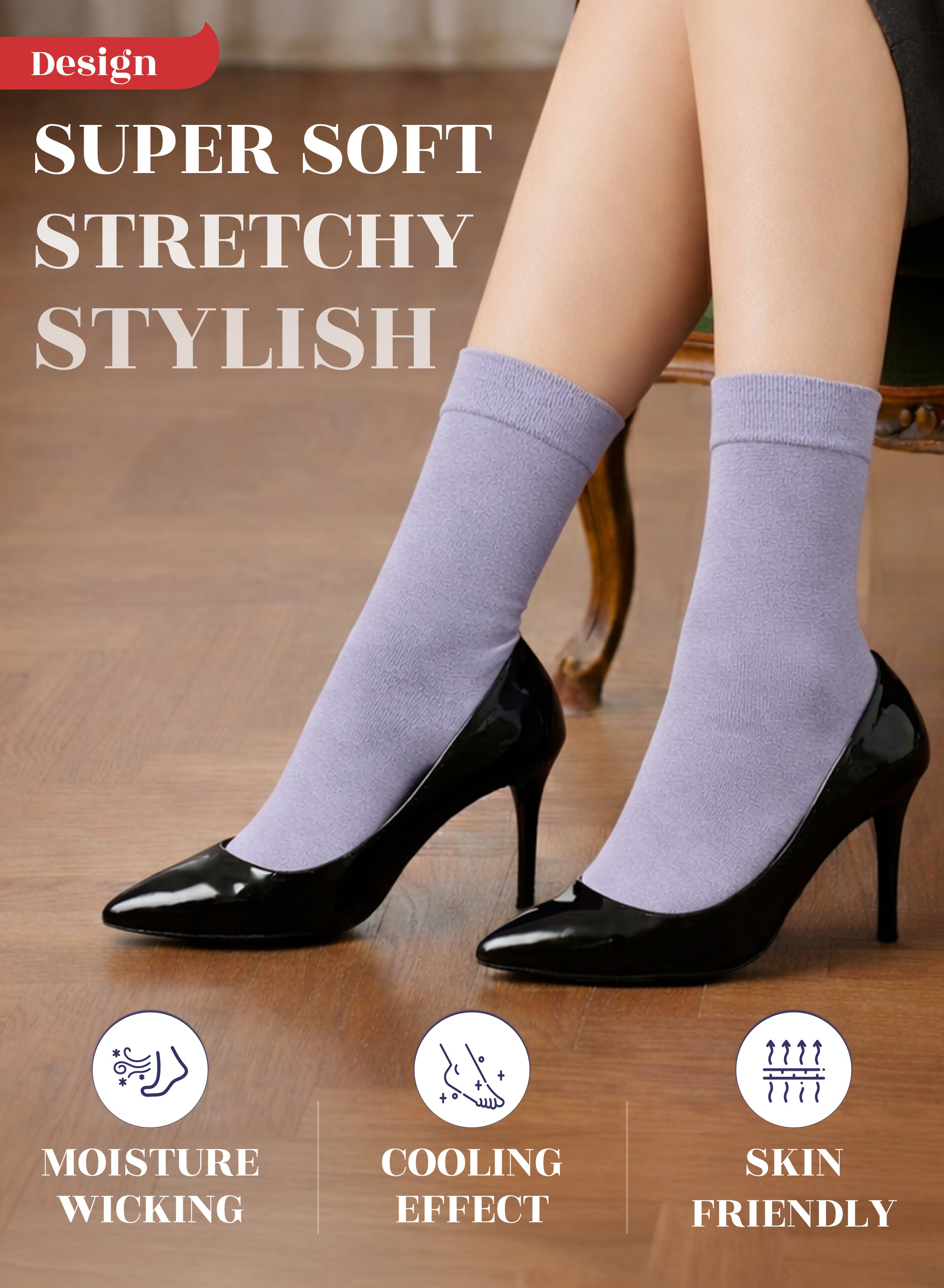 Aster purple socks worn with black high heels on a wooden floor, featuring text and icons about sock properties.
