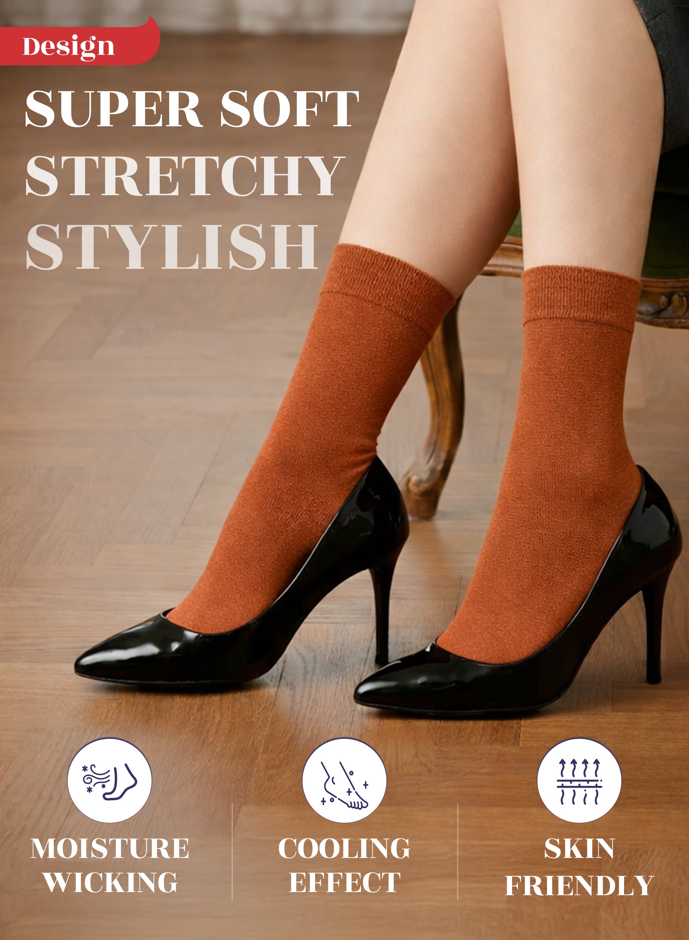 Bombay Brown socks worn with black high heels on a wooden floor, with text highlighting features.
