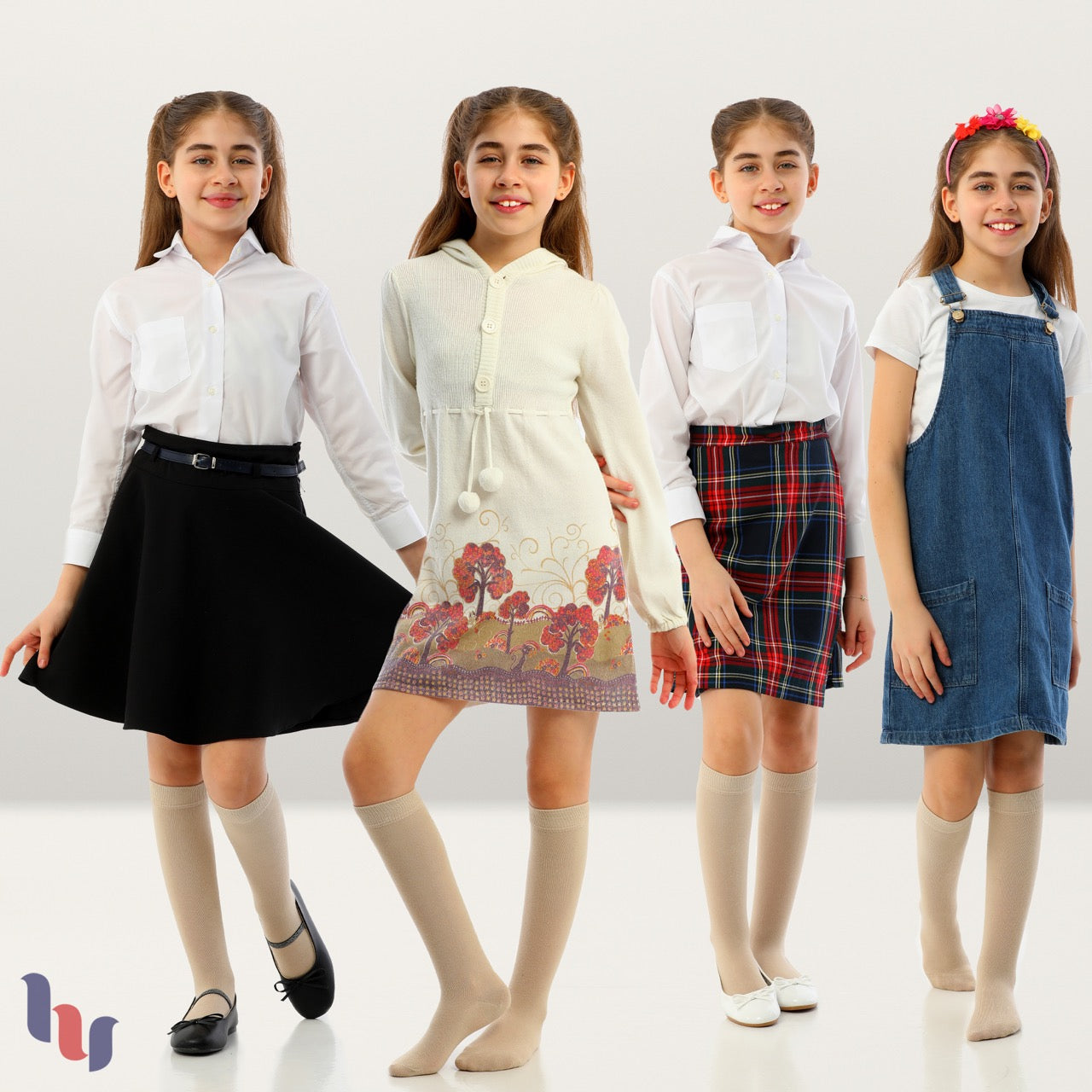 Kids' Plain Cotton Dress Knee-High Socks, 4 Pairs
