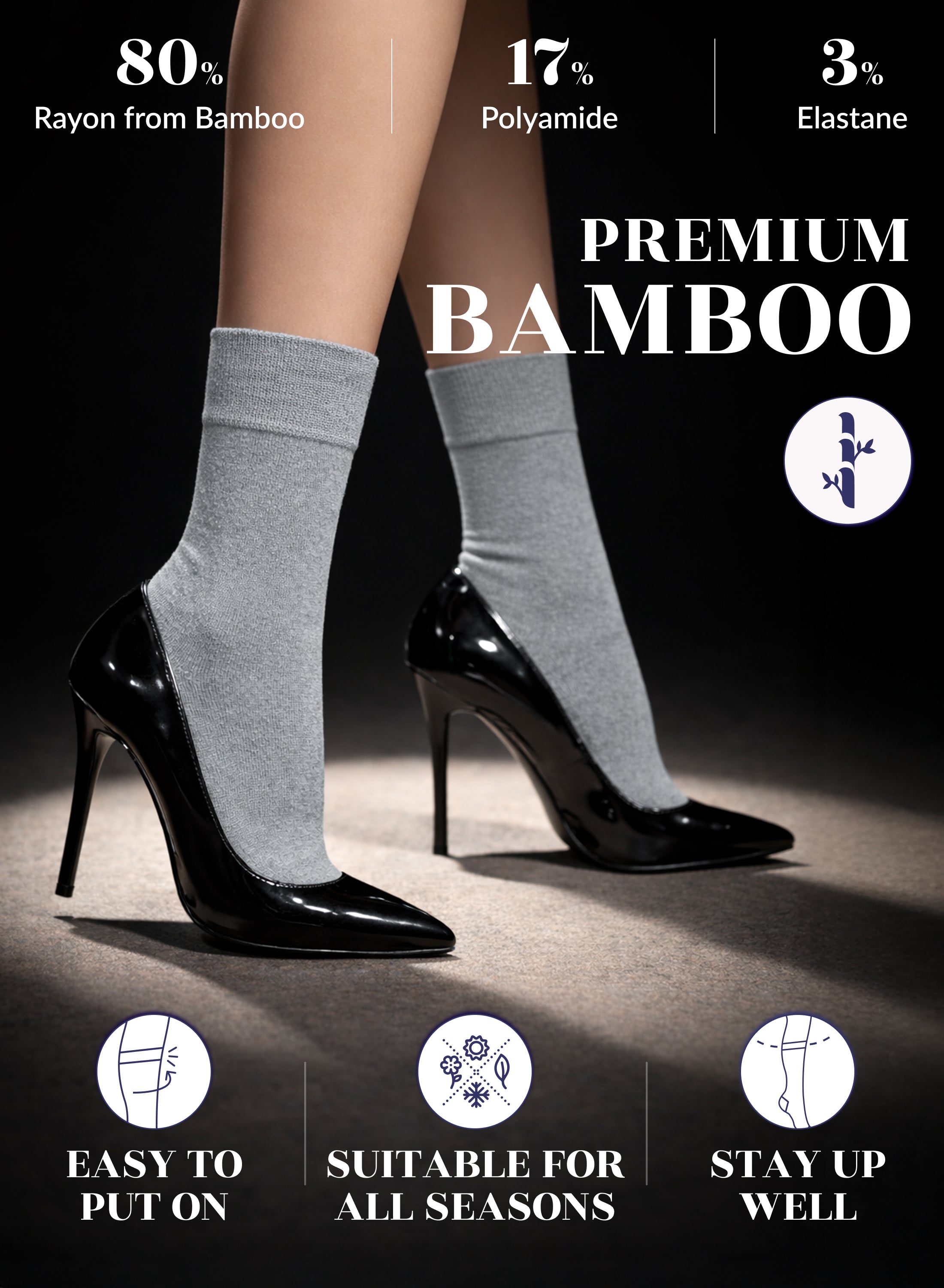 Light Gray bamboo socks worn with black high heels on a dark background, featuring text about material composition and benefits.