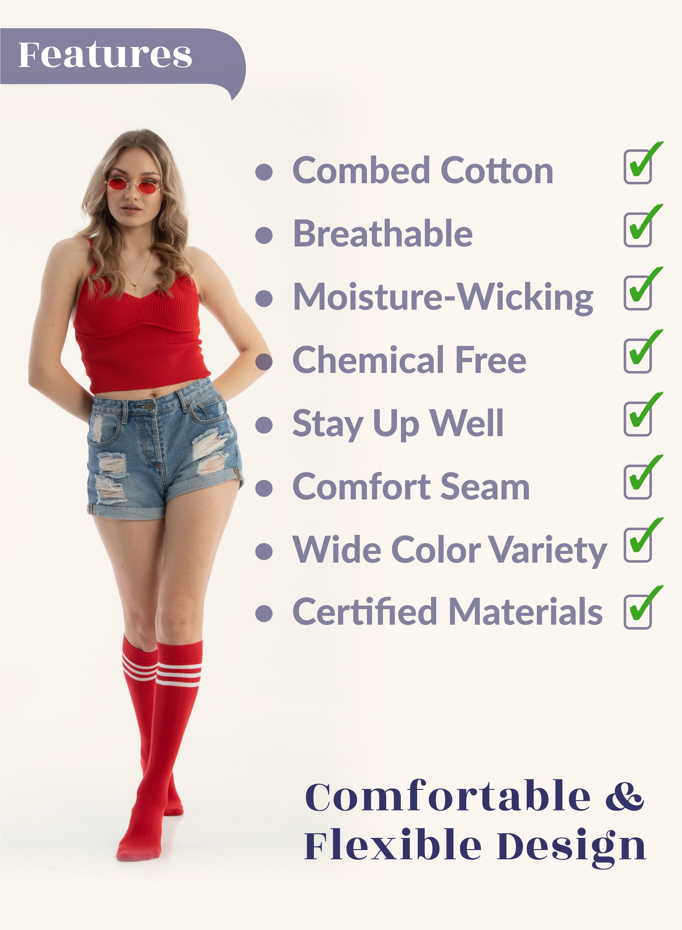 Woman wearing a red tank top, denim shorts, and red knee-high socks with white stripes, standing against a white background with text listing product features.