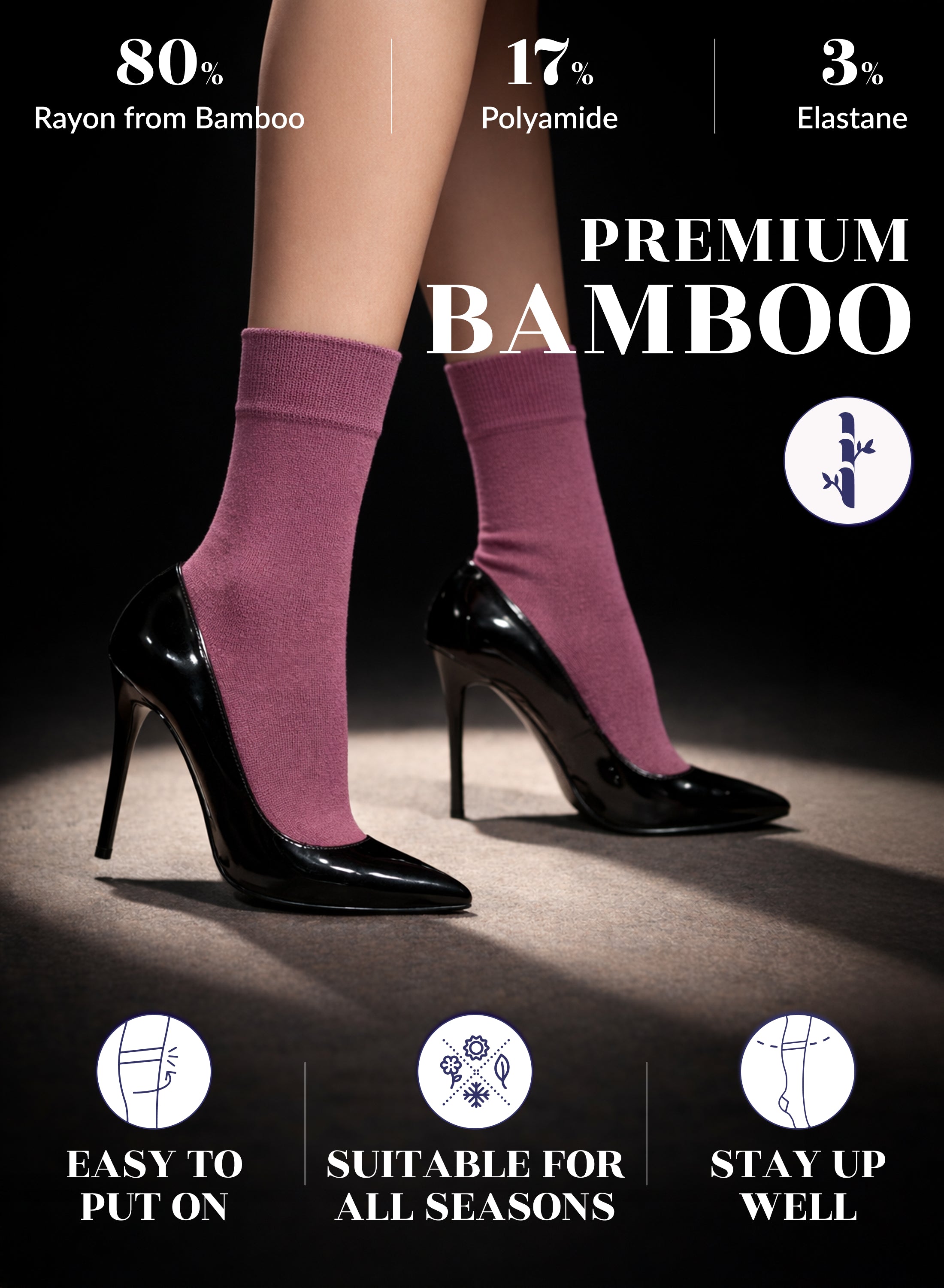 Rose Wood bamboo socks worn with black high heels, highlighting material composition and features.