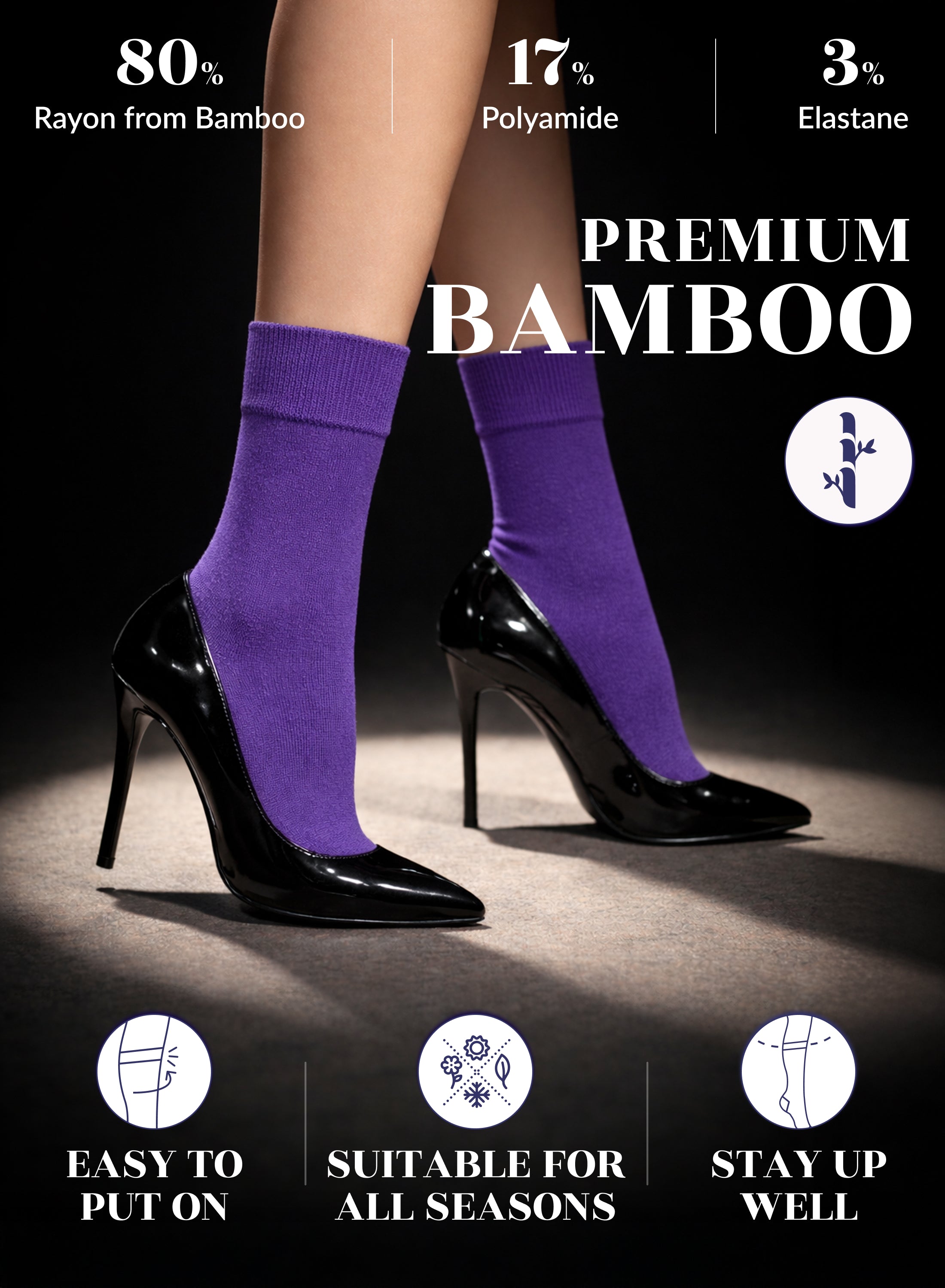Purple bamboo socks on a model wearing black high heels with product details and benefits.