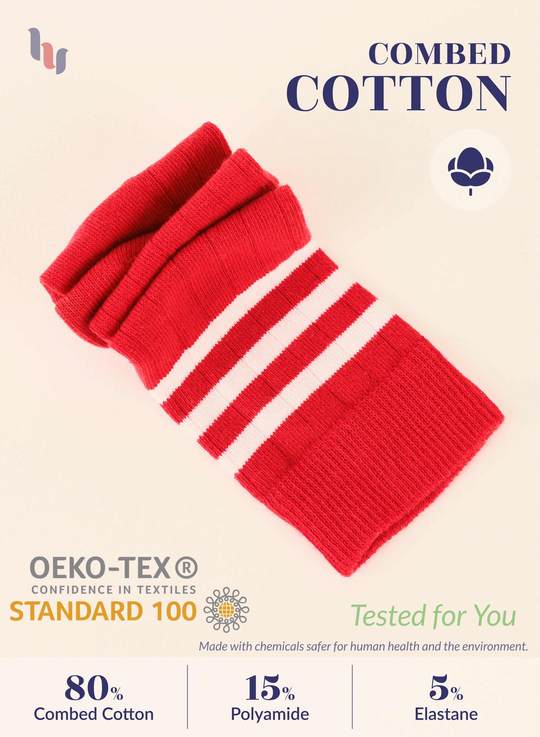 Red knitted scarf with white stripes on a beige background, featuring Oeko-Tex Standard 100 certification.