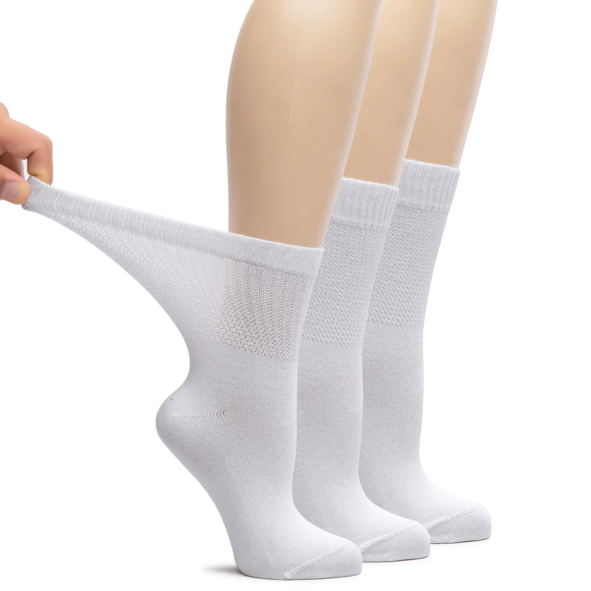 These Bamboo Diabetic Crew Socks are showcased on a mannequin, featuring three pairs of white socks for ultimate comfort and support.