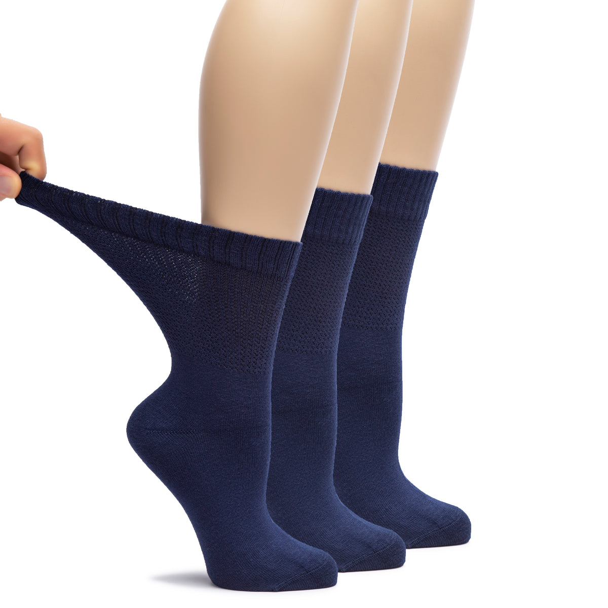 A trio of women's Bamboo Diabetic Crew Socks, each with one leg lifted, showcasing their soft and comfortable texture.