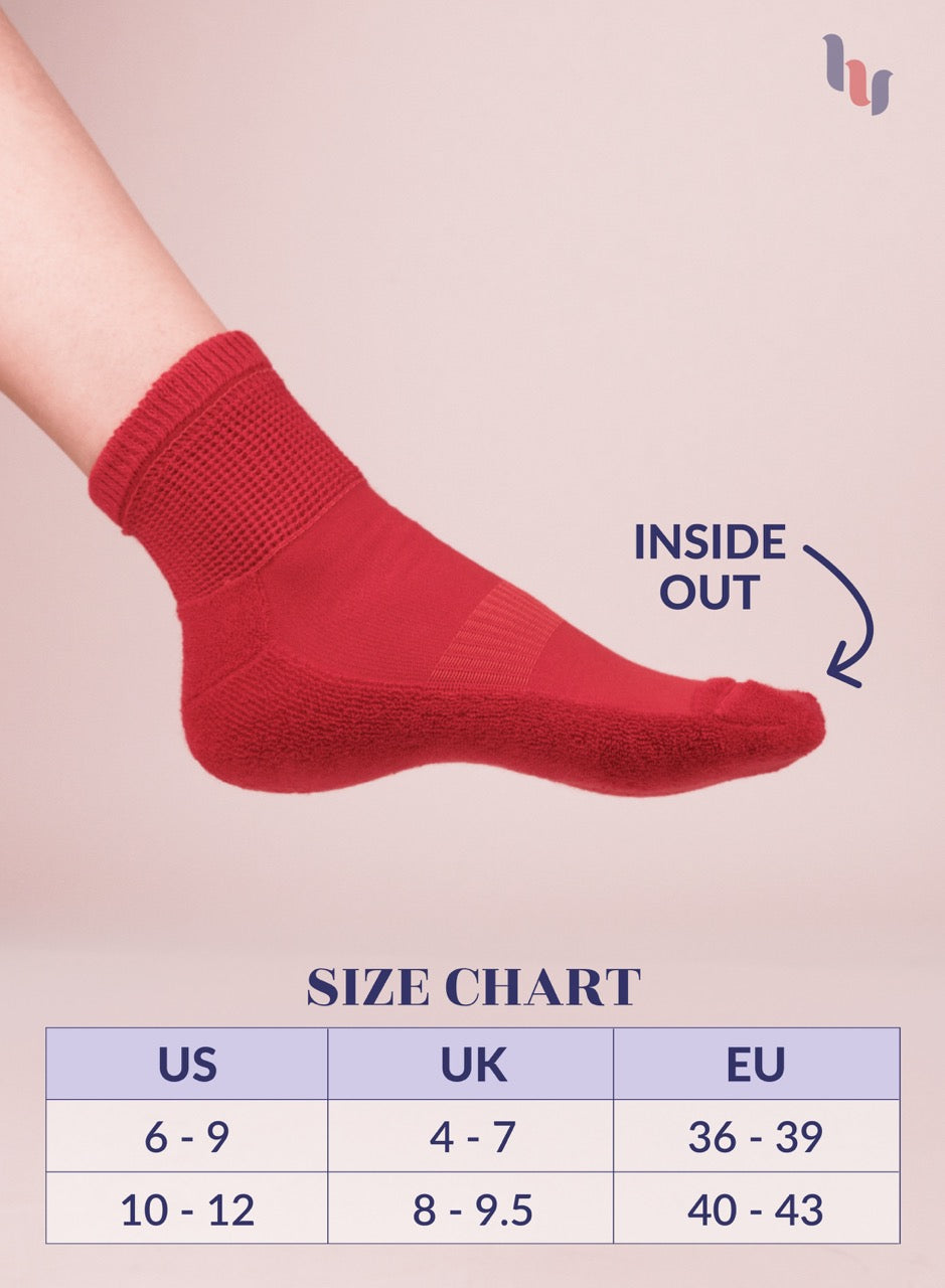 Red sock with size chart on a beige background