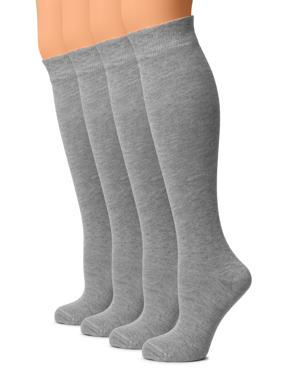 Set of three gray knee-high socks on a white background