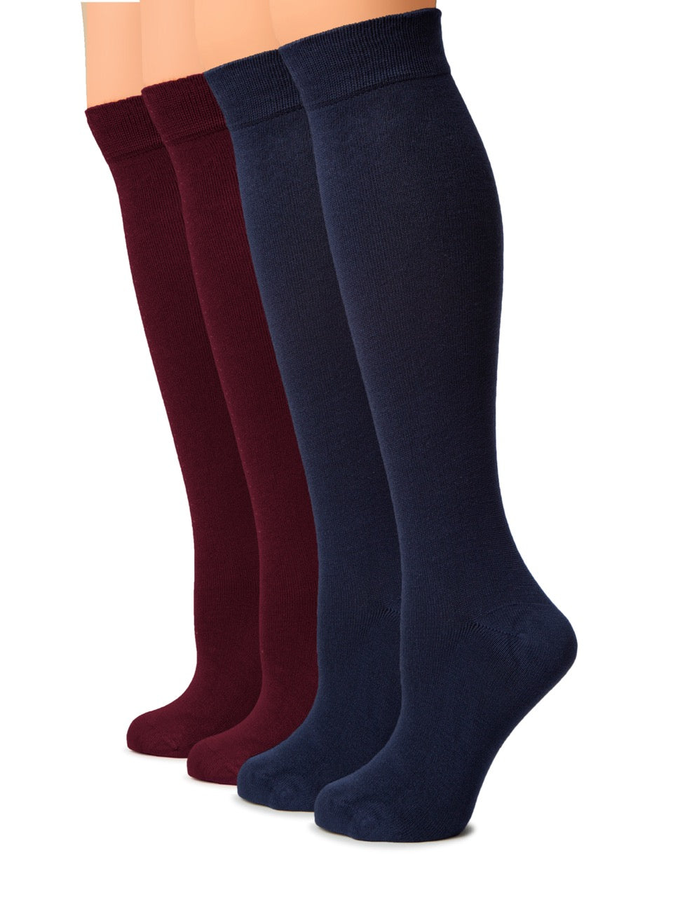 Two pairs of knee-high socks in navy and burgundy on a white background