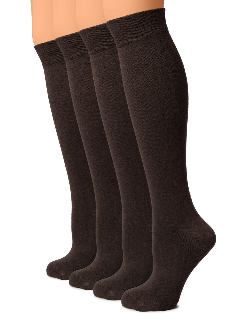 Set of four pairs of brown knee-high socks on a white background
