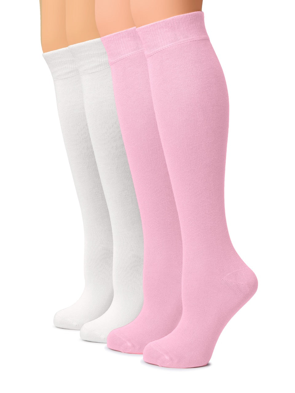 Two pairs of knee-high socks, one white and one pink, on a white background.