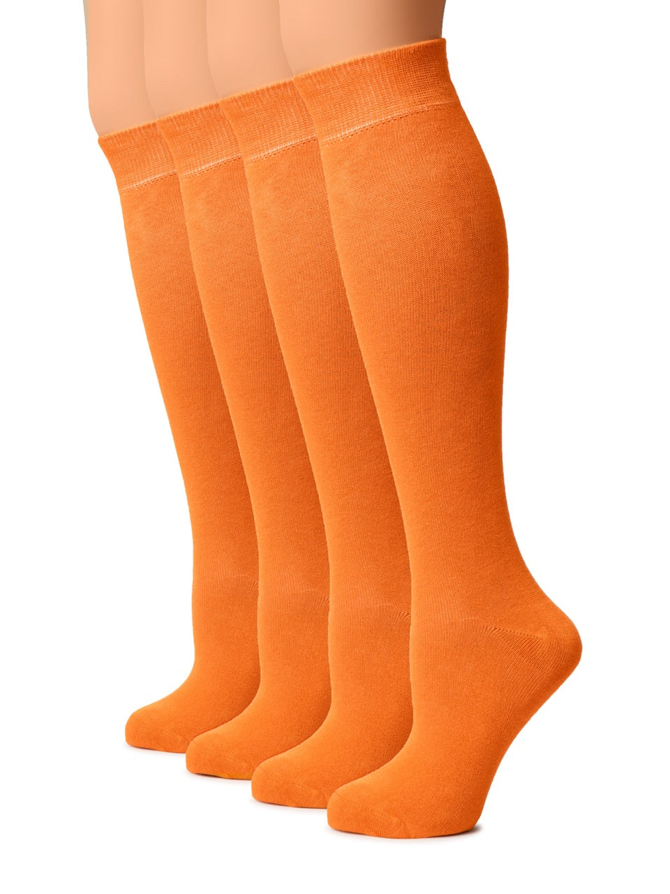 Four pairs of orange knee-high socks on a white background