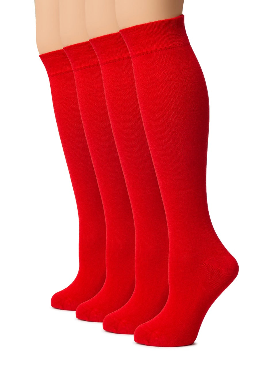 Four pairs of red knee-high socks on a white background