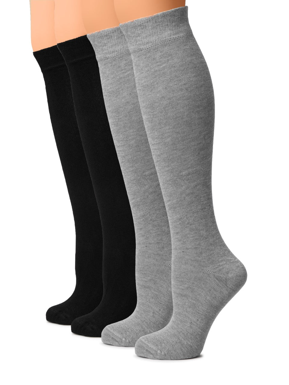 Two pairs of knee-high socks, one black and one gray, on a white background.