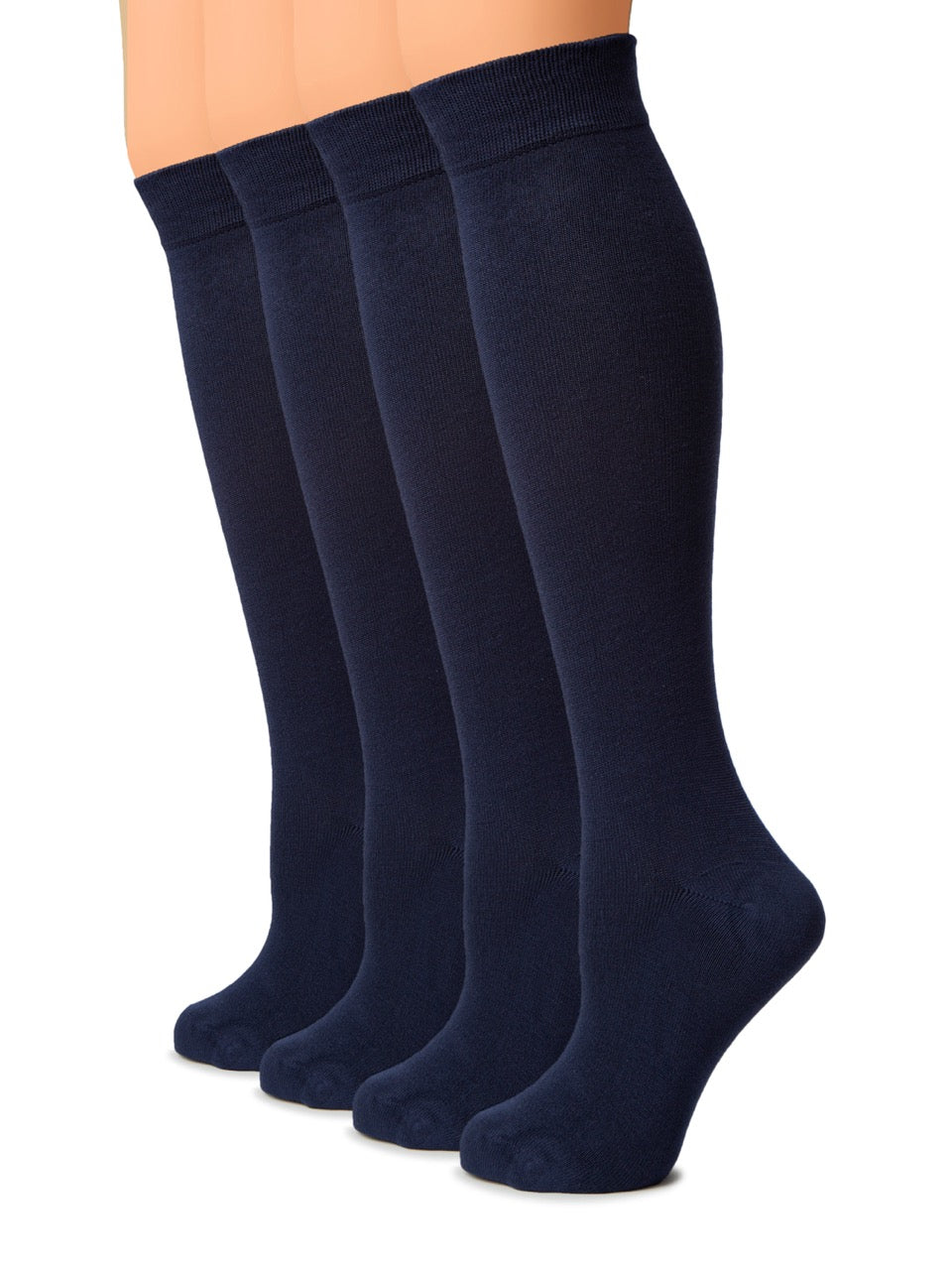 Set of four navy blue knee-high socks on a white background