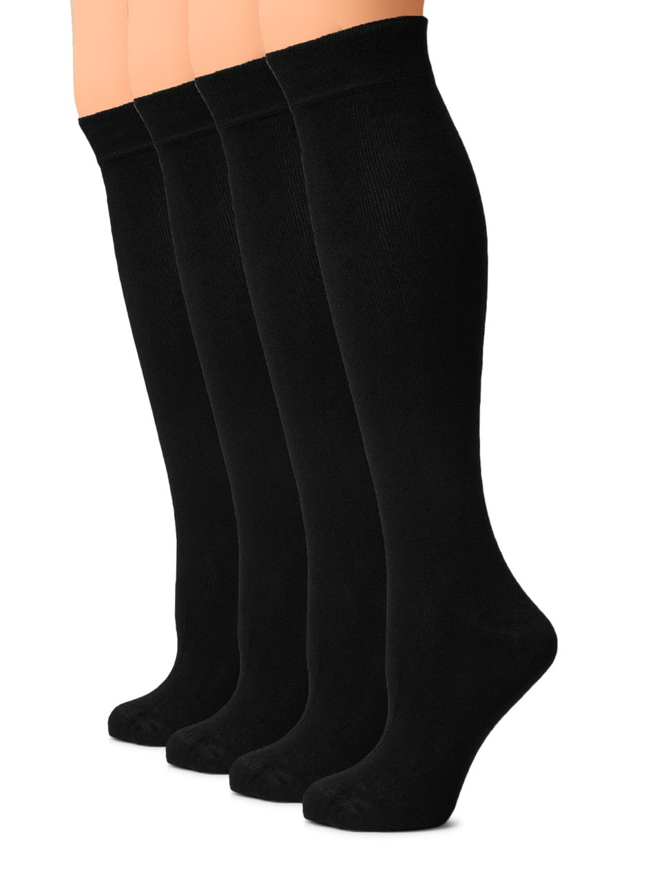 Four pairs of black knee-high socks on a white background