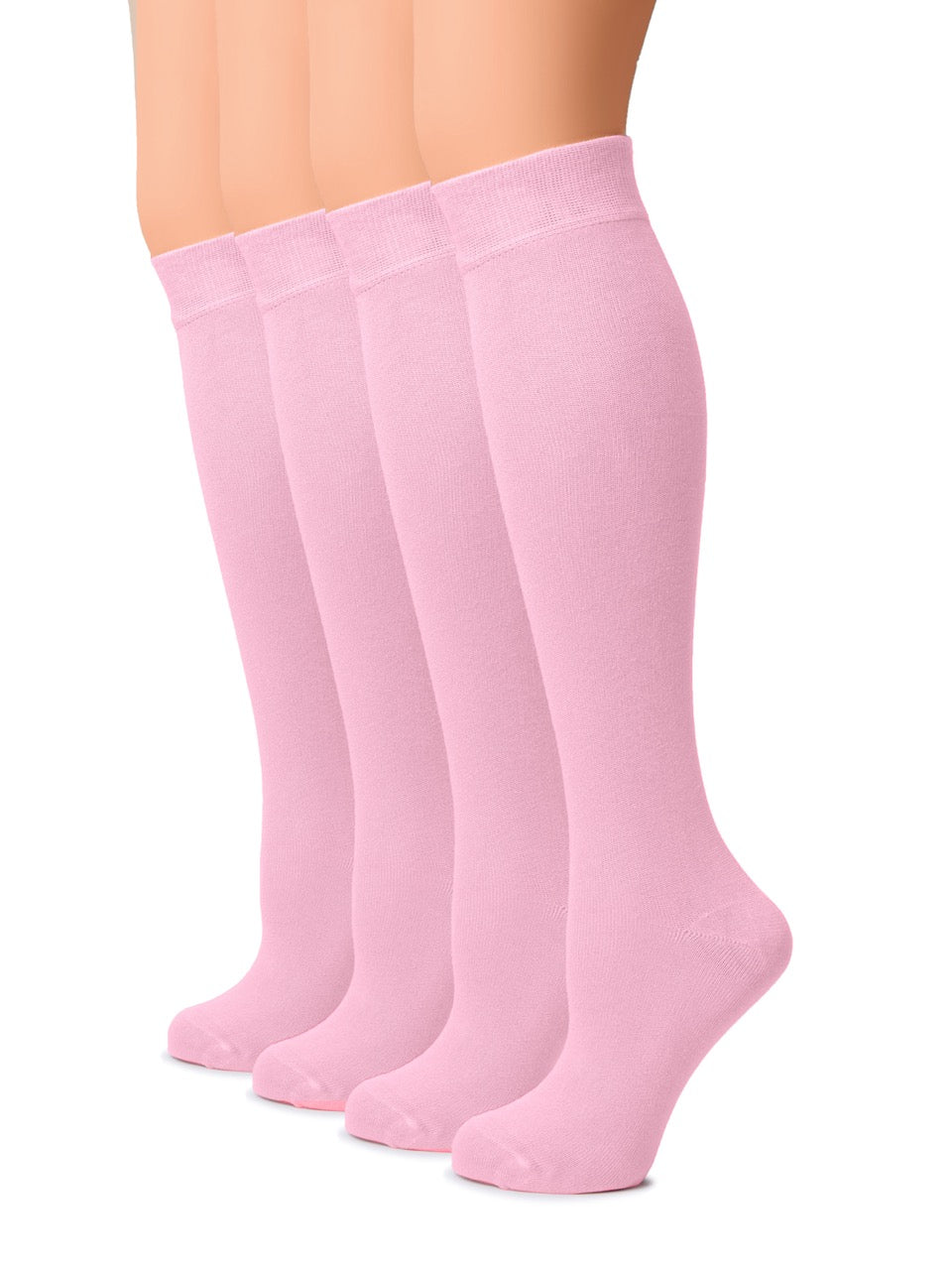 Three pairs of pink knee-high socks on a white background