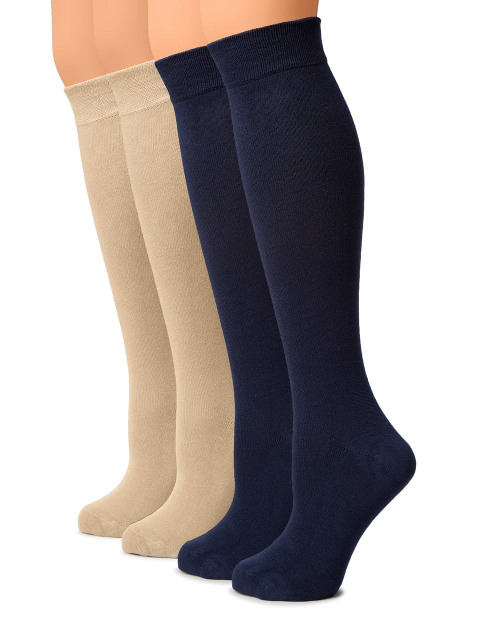 Two pairs of knee-high socks, one beige and one navy, on a white background.