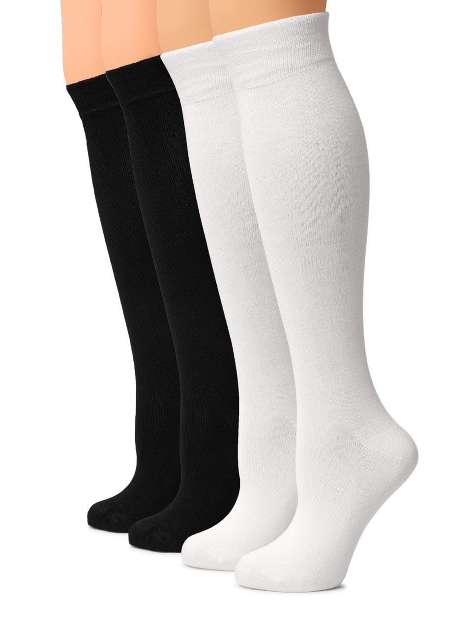 Two pairs of knee-high socks, one black and one white, on a white background.