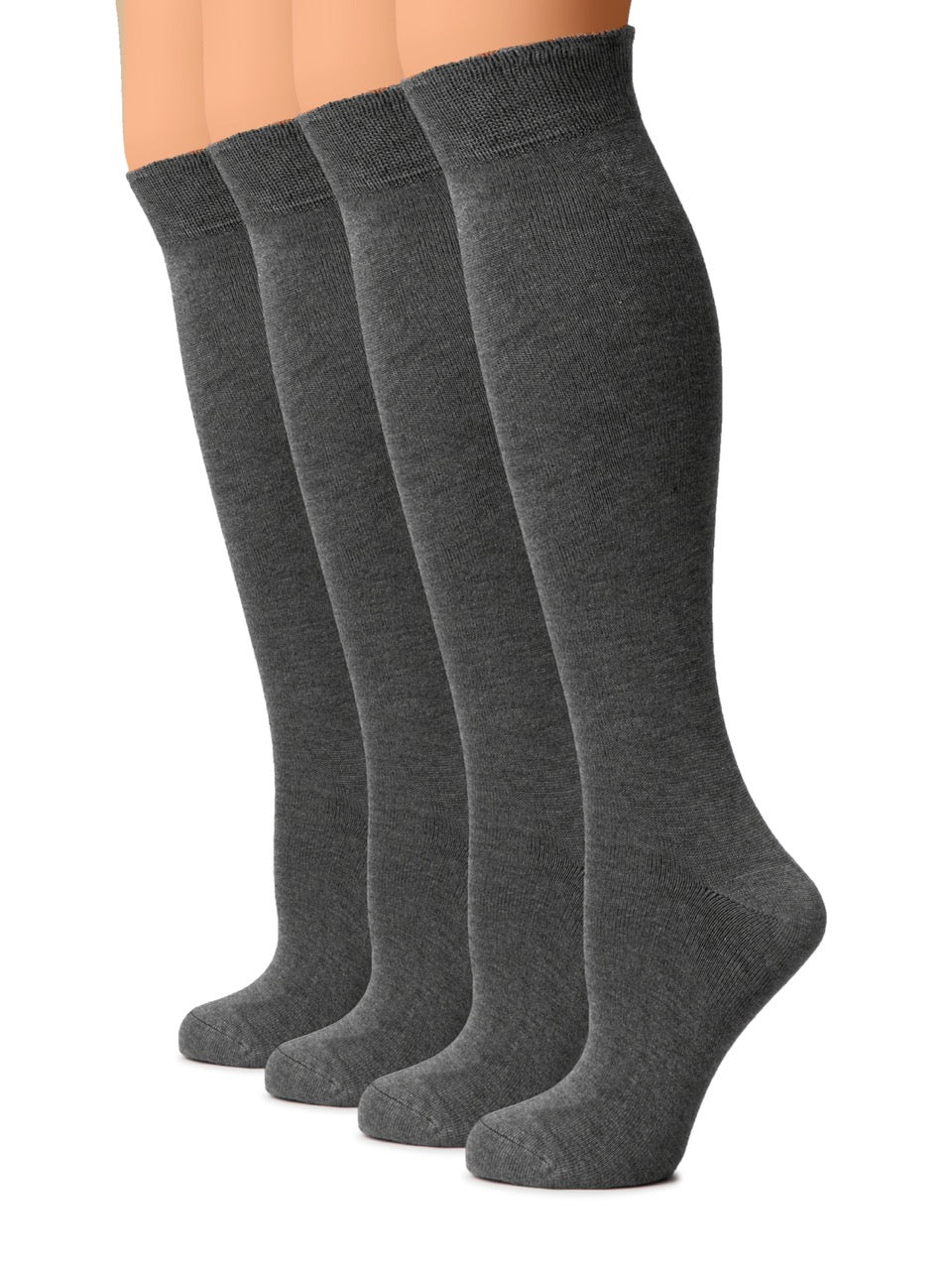 Four pairs of gray knee-high socks on a white background