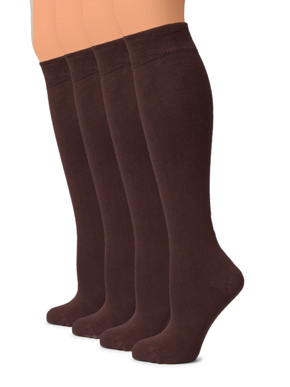 Four pairs of brown knee-high socks on a white background