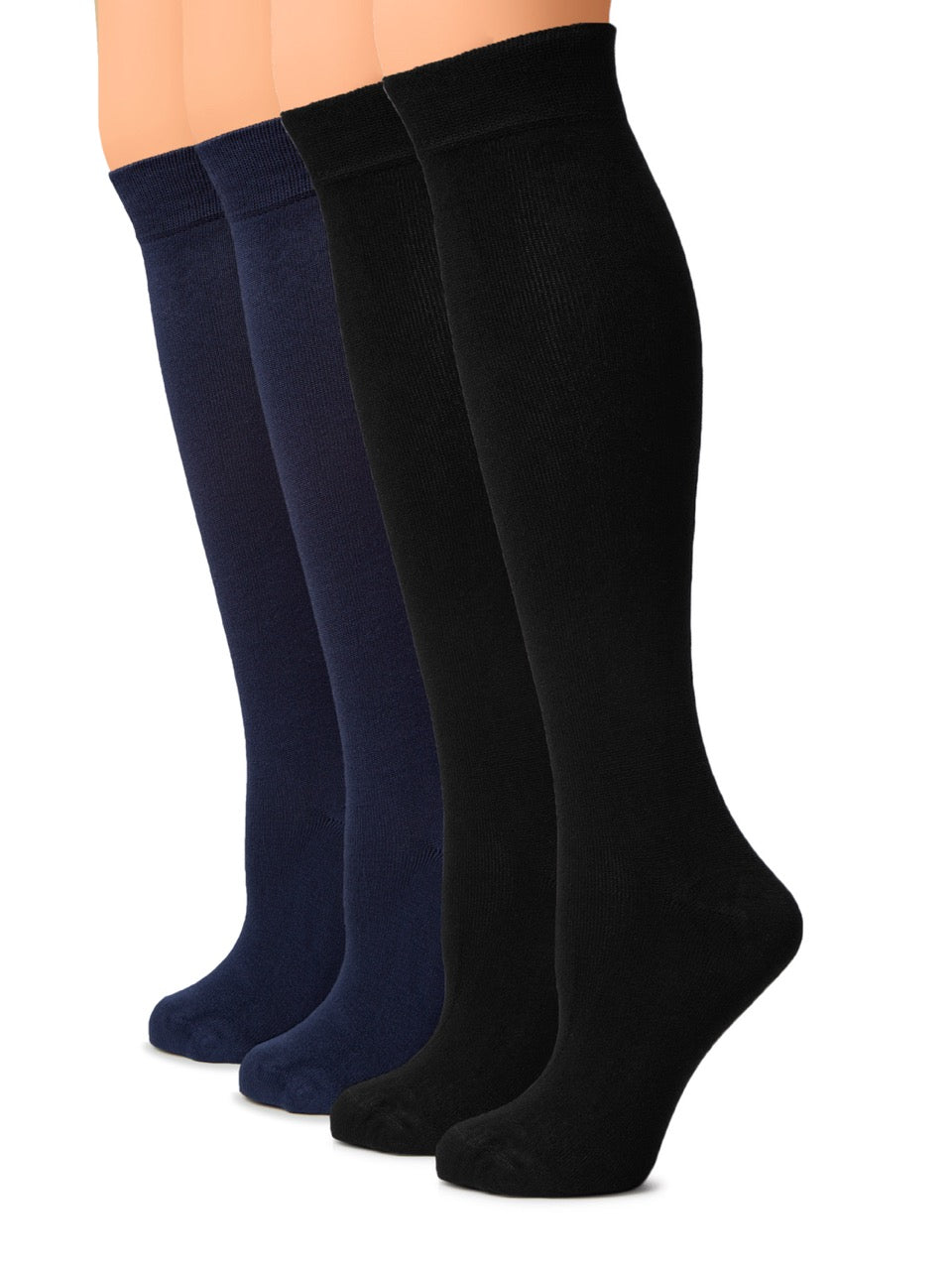 Three pairs of knee-high socks in navy and black on a white background