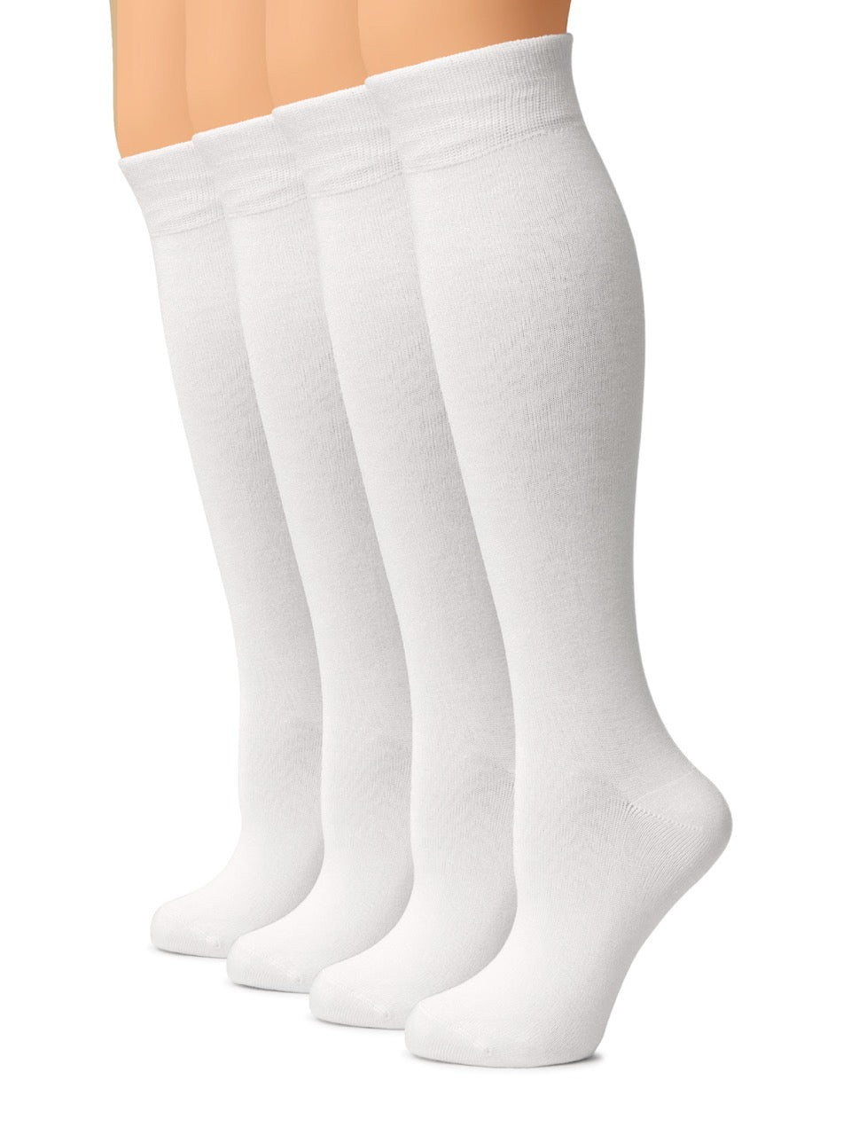 Three pairs of white knee-high socks on a white background
