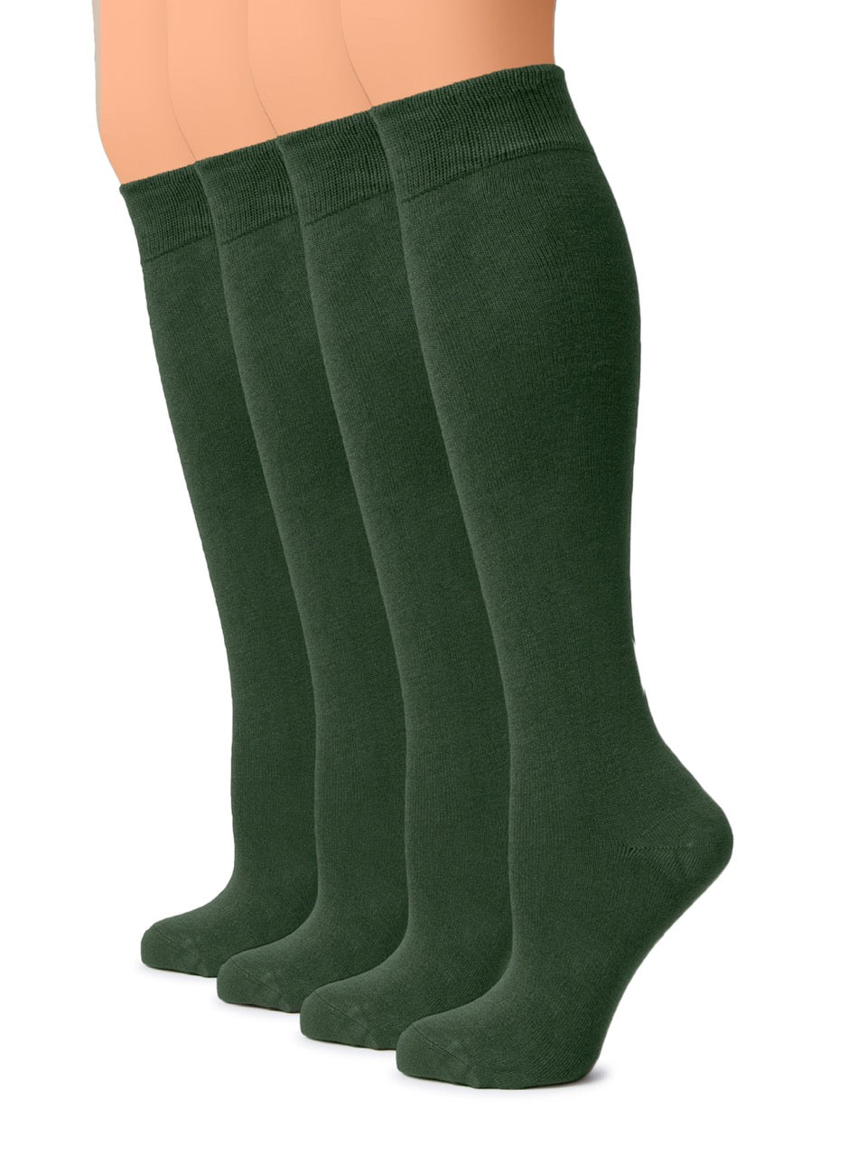 Set of four green knee-high socks on a white background