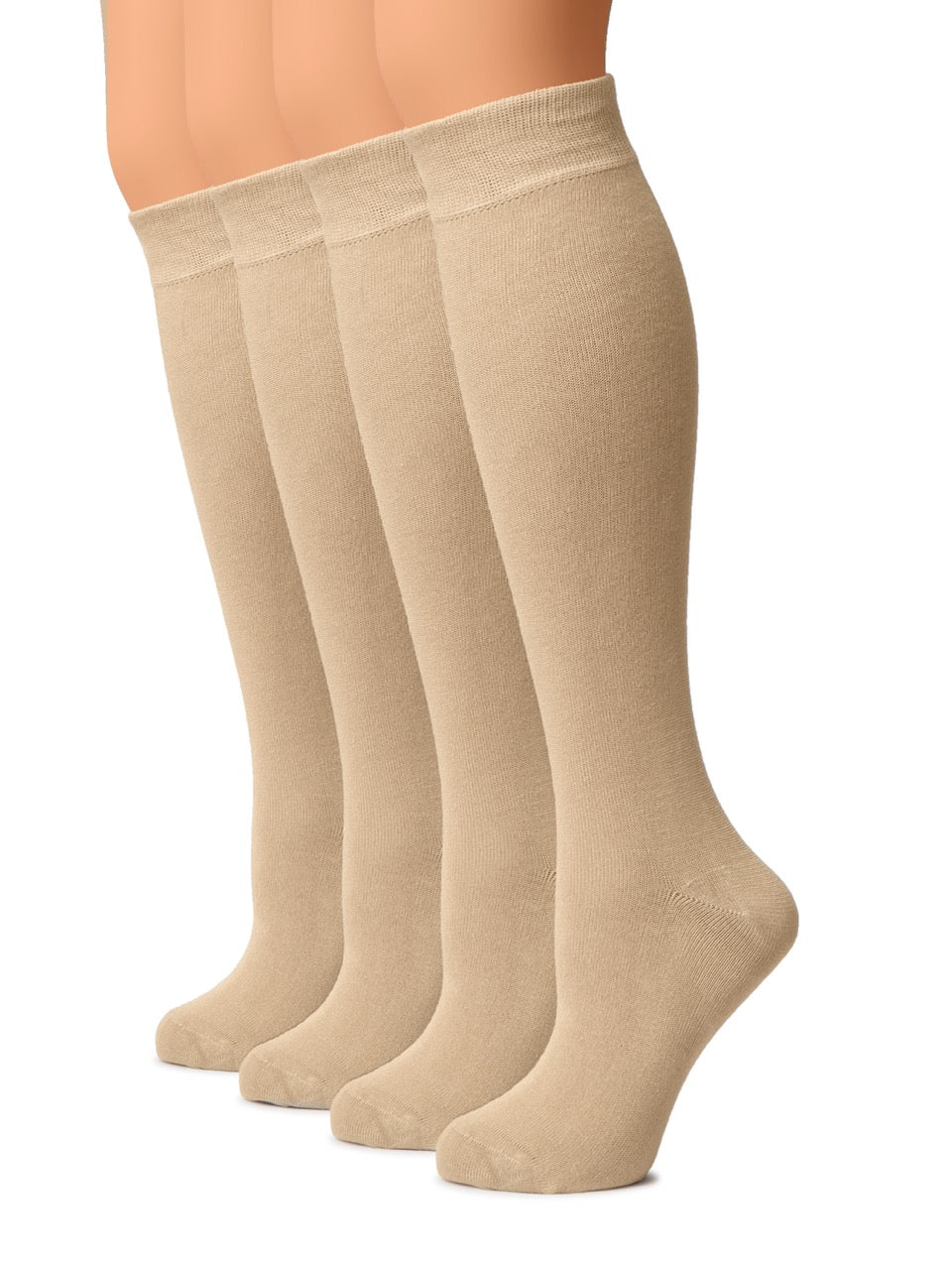 Three pairs of beige knee-high socks on a white background