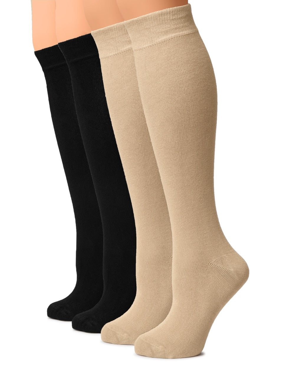 Two pairs of knee-high socks, one black and one beige, on a white background.