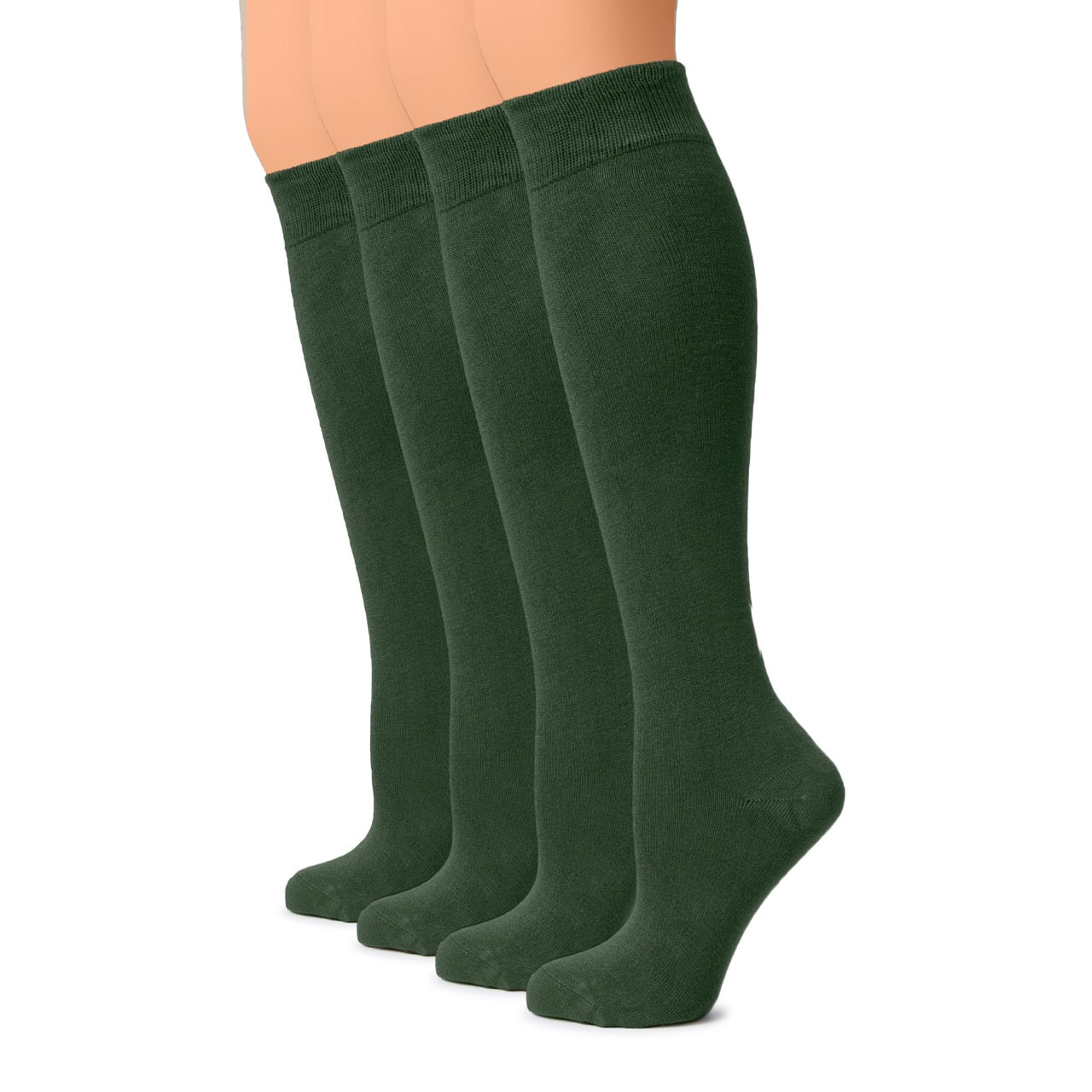 Four pairs of green knee-high socks on a white background