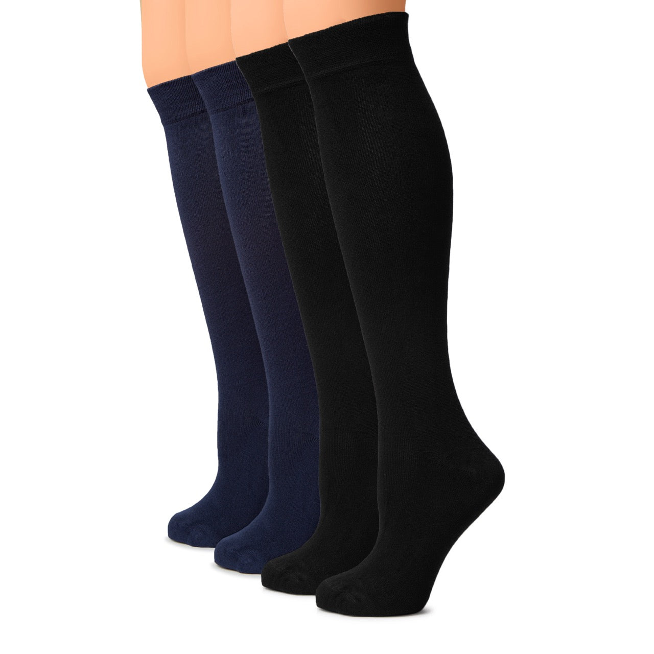 Two pairs of knee-high socks, one black and one navy, on a white background.