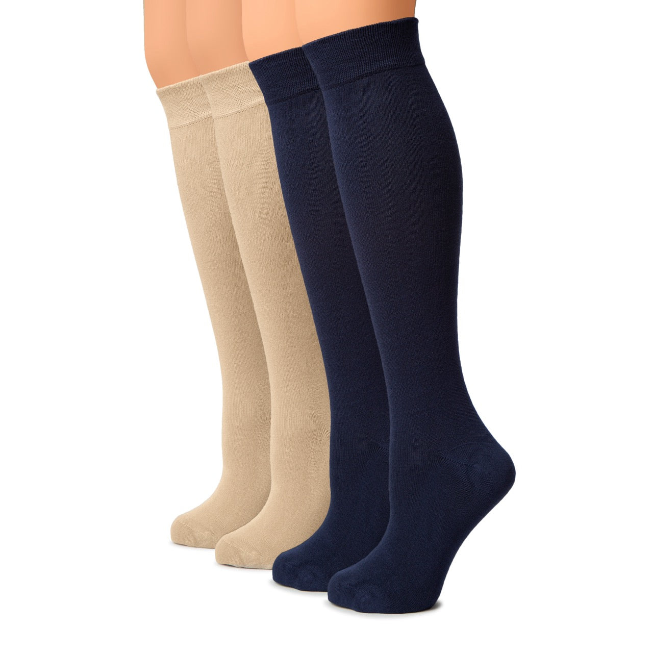 Two pairs of knee-high socks in beige and navy on a white background