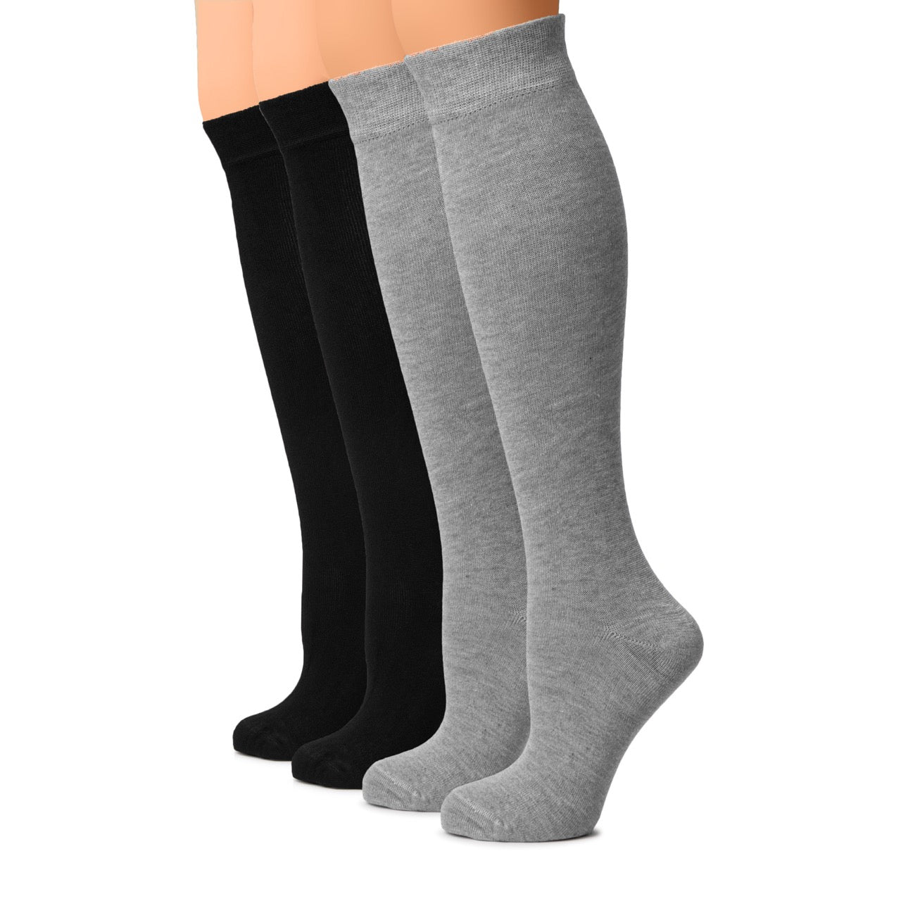 Two pairs of knee-high socks, one black and one gray, on a white background.