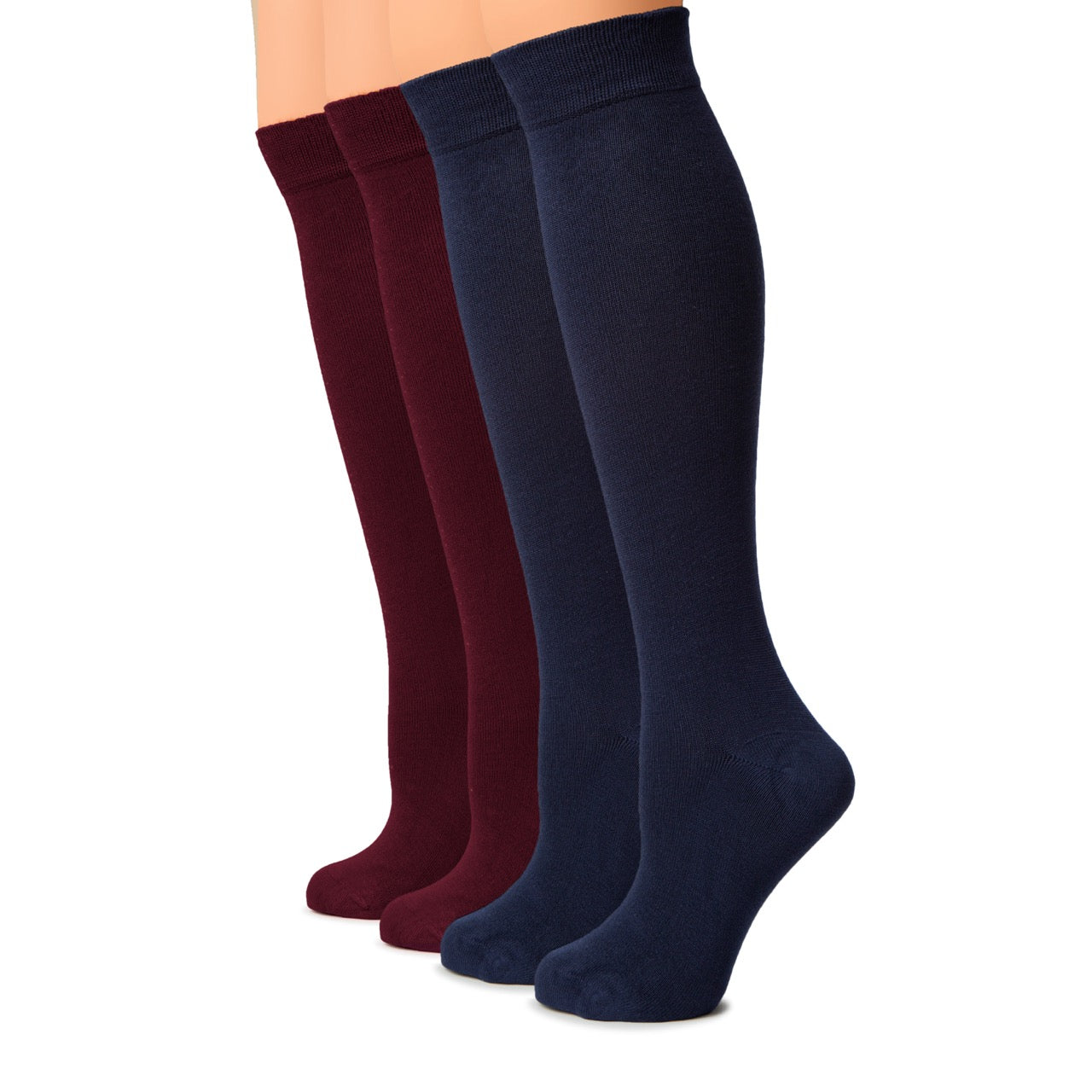 Two pairs of knee-high socks in navy and burgundy on a white background