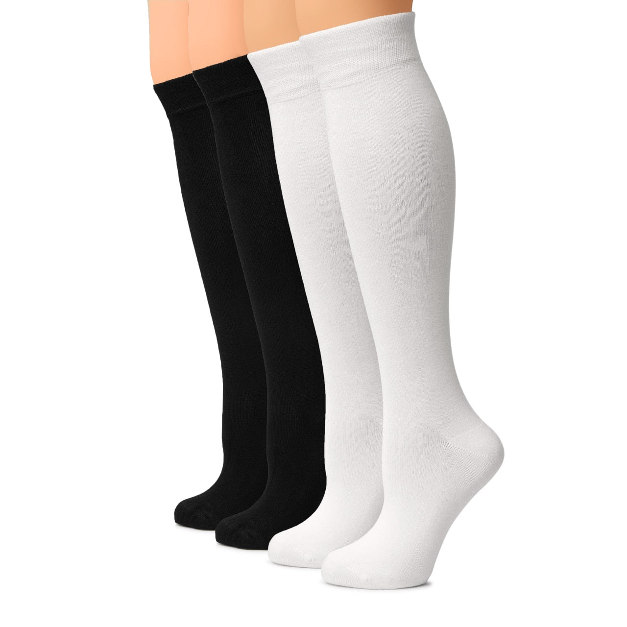 Two pairs of knee-high socks, one black and one white, on a mannequin leg against a white background.