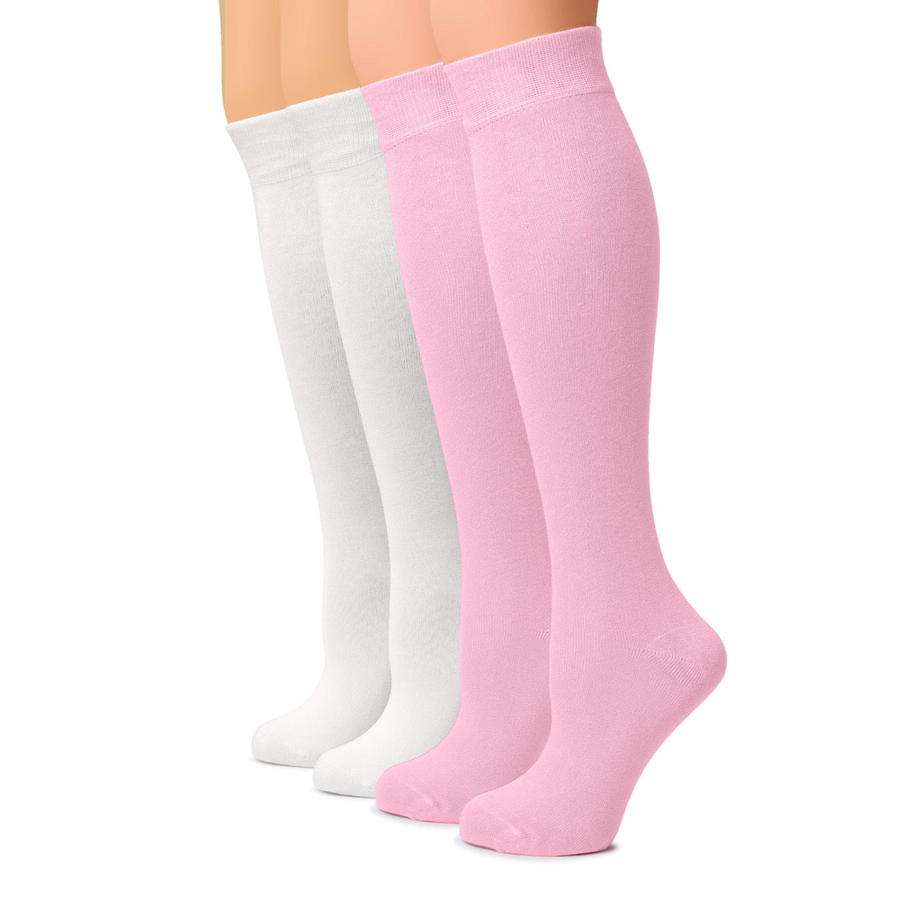 Two pairs of knee-high socks, one white and one pink, on a white background.