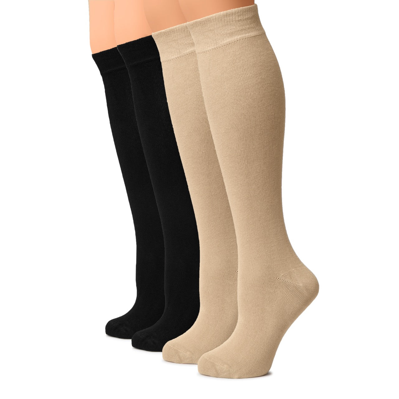 Two pairs of knee-high socks, one black and one beige, on a white background.