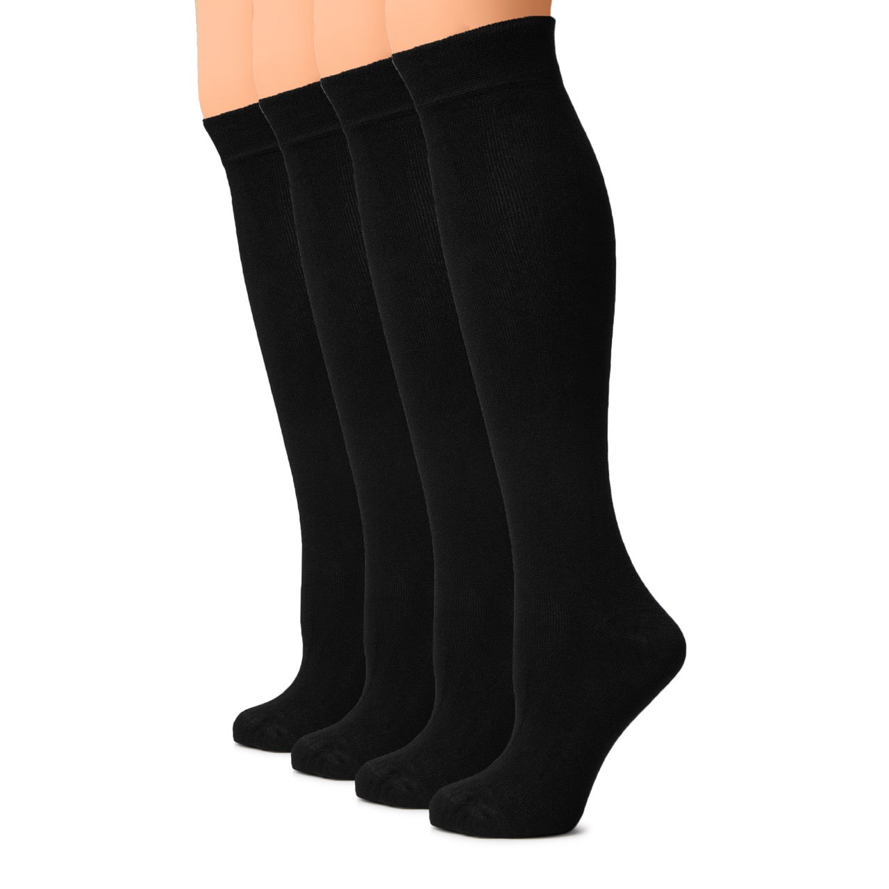 Three pairs of black knee-high socks on a white background