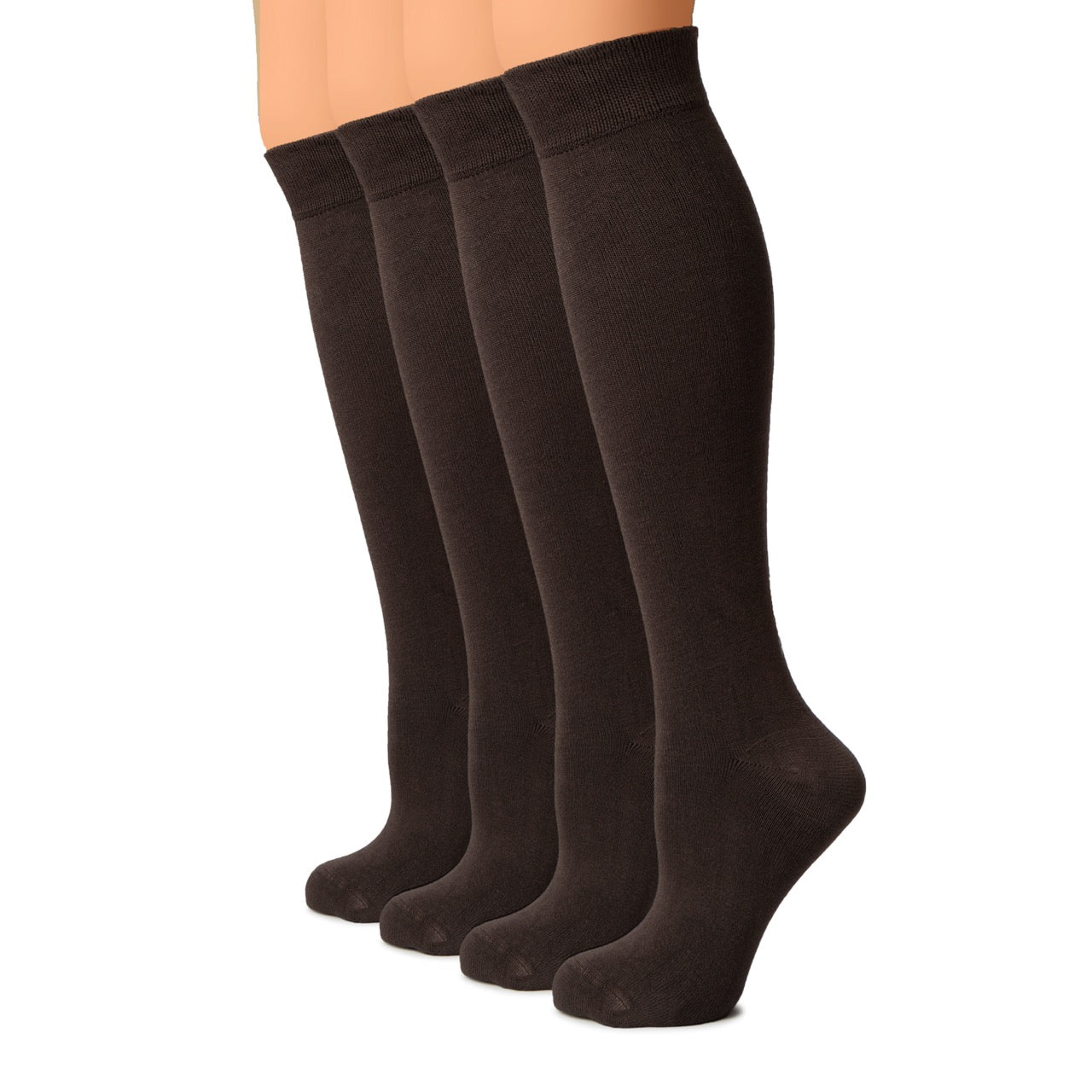 Set of four brown knee-high socks on a white background