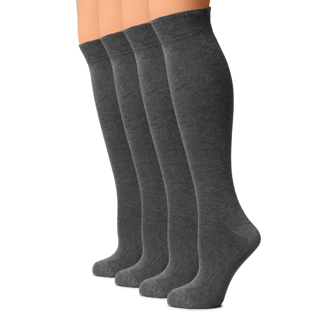 Four pairs of gray knee-high socks on a white background