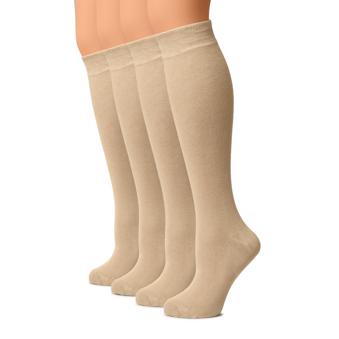 Three pairs of beige knee-high socks on a white background