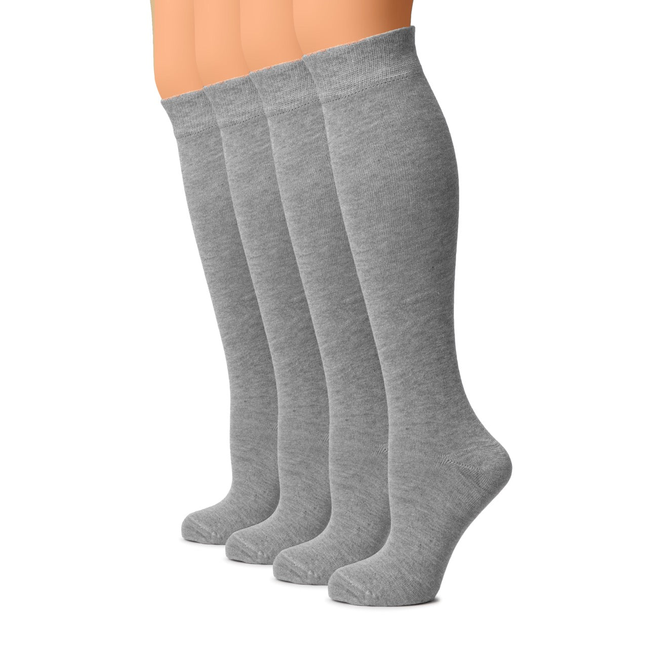 Three pairs of gray knee-high socks on a white background